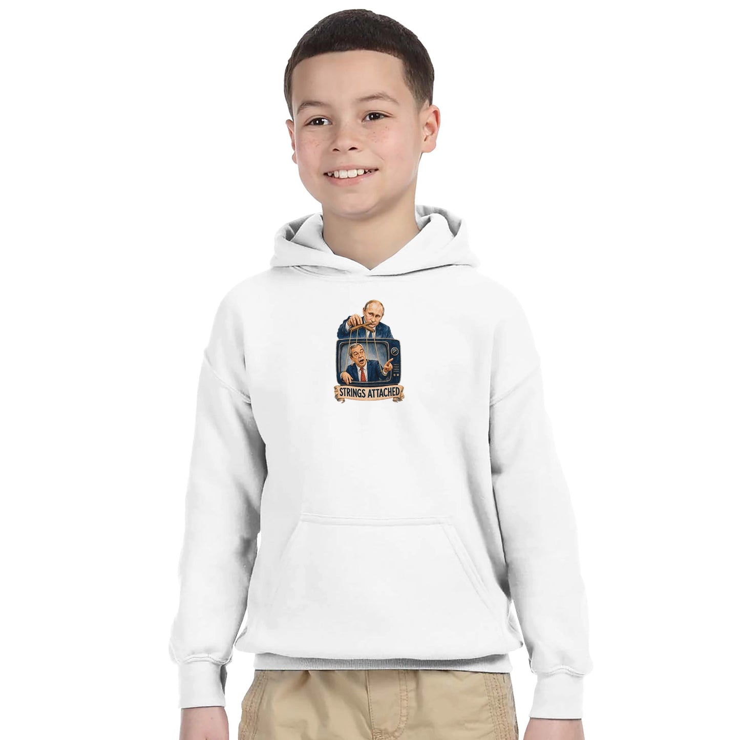 Strings Attached Political Satire Kids' Hoodie — product view 13
