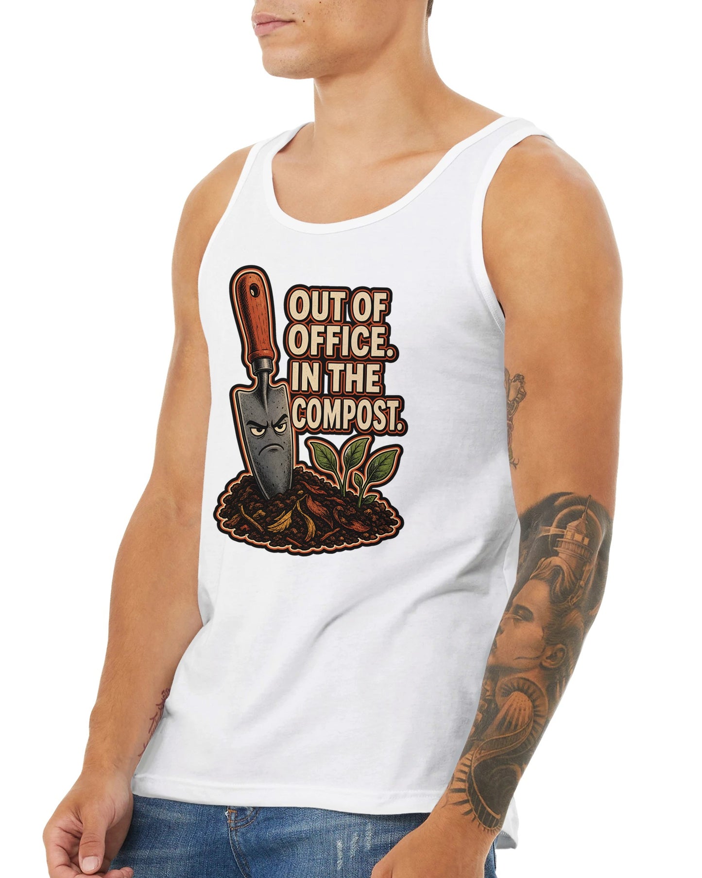 Out of Office, In the Compost Premium Unisex Tank Top — product view 16