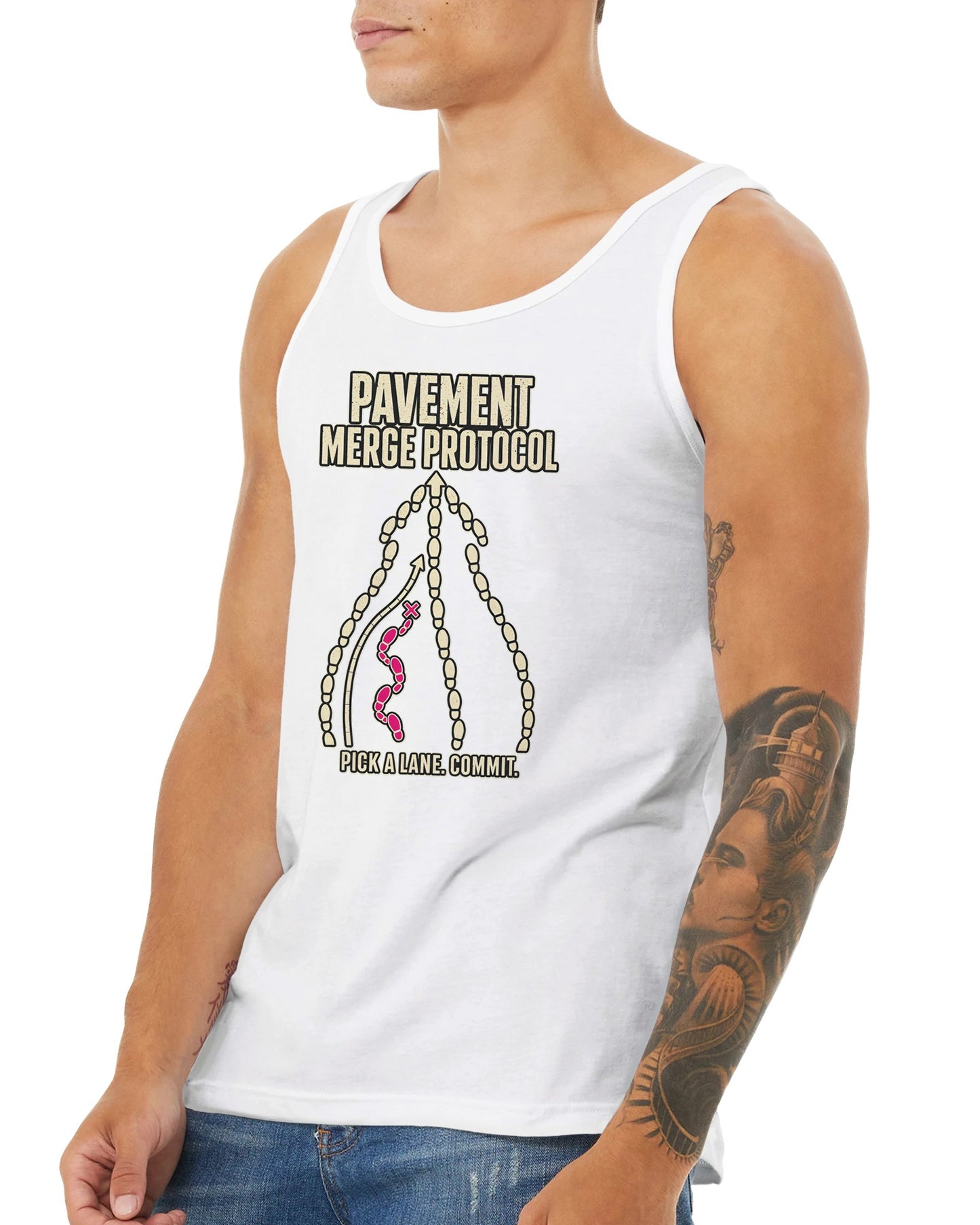 Pavement Merge Protocol — Pick a Lane Premium Unisex Tank Top — product view 16