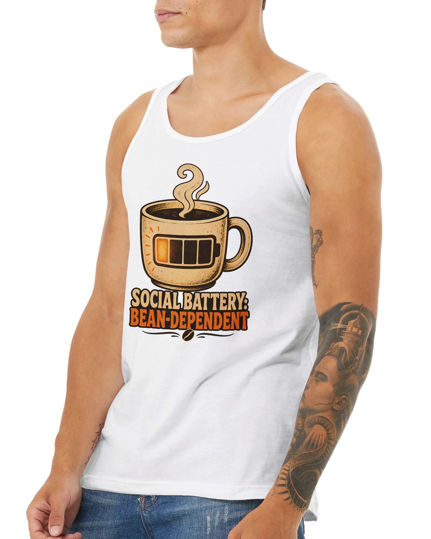 Social Battery: Bean-Dependent Graphic Premium Unisex Tank Top — product view 16