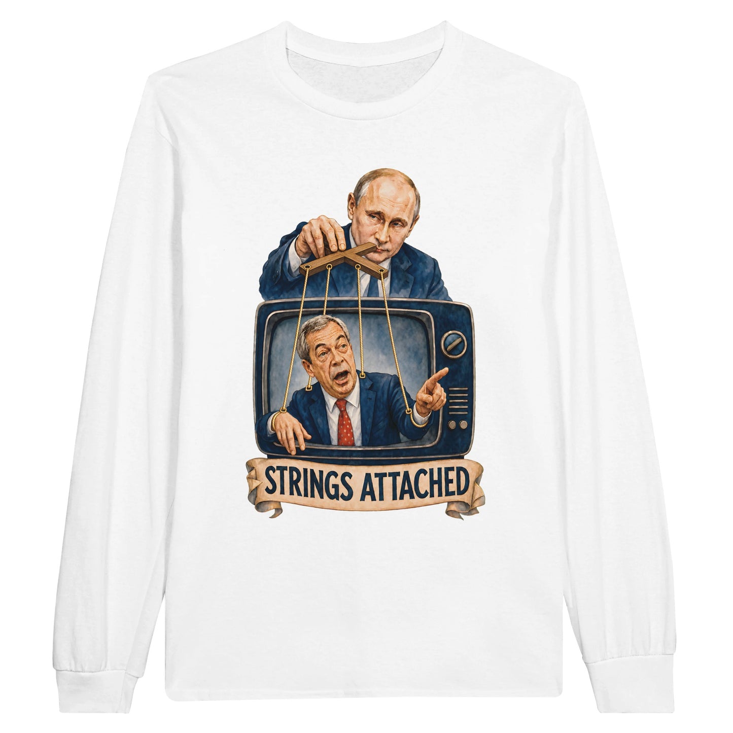 Strings Attached Political Satire Long-Sleeve T-shirt — product view 1