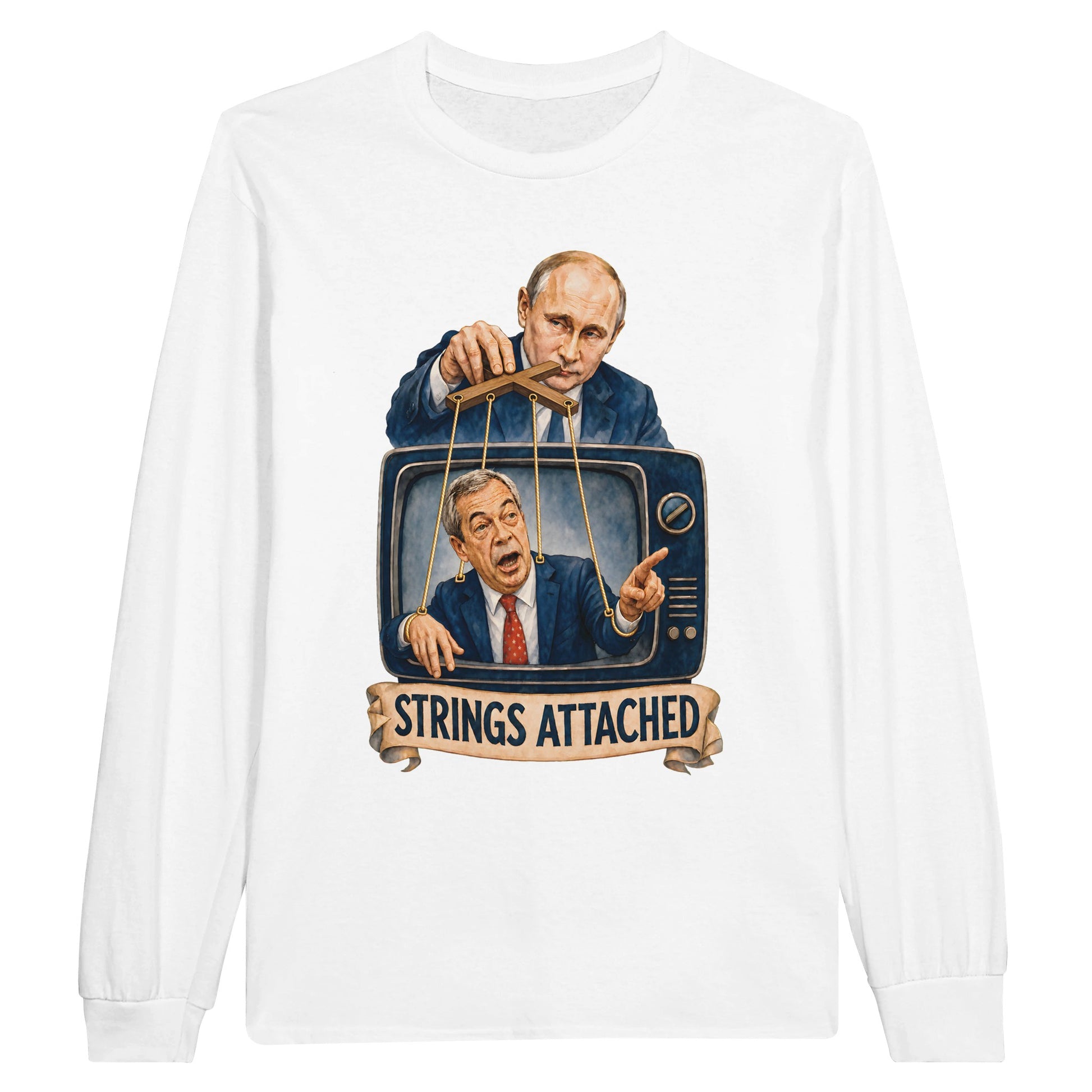 Strings Attached Political Satire Long-Sleeve T-shirt — product view 1