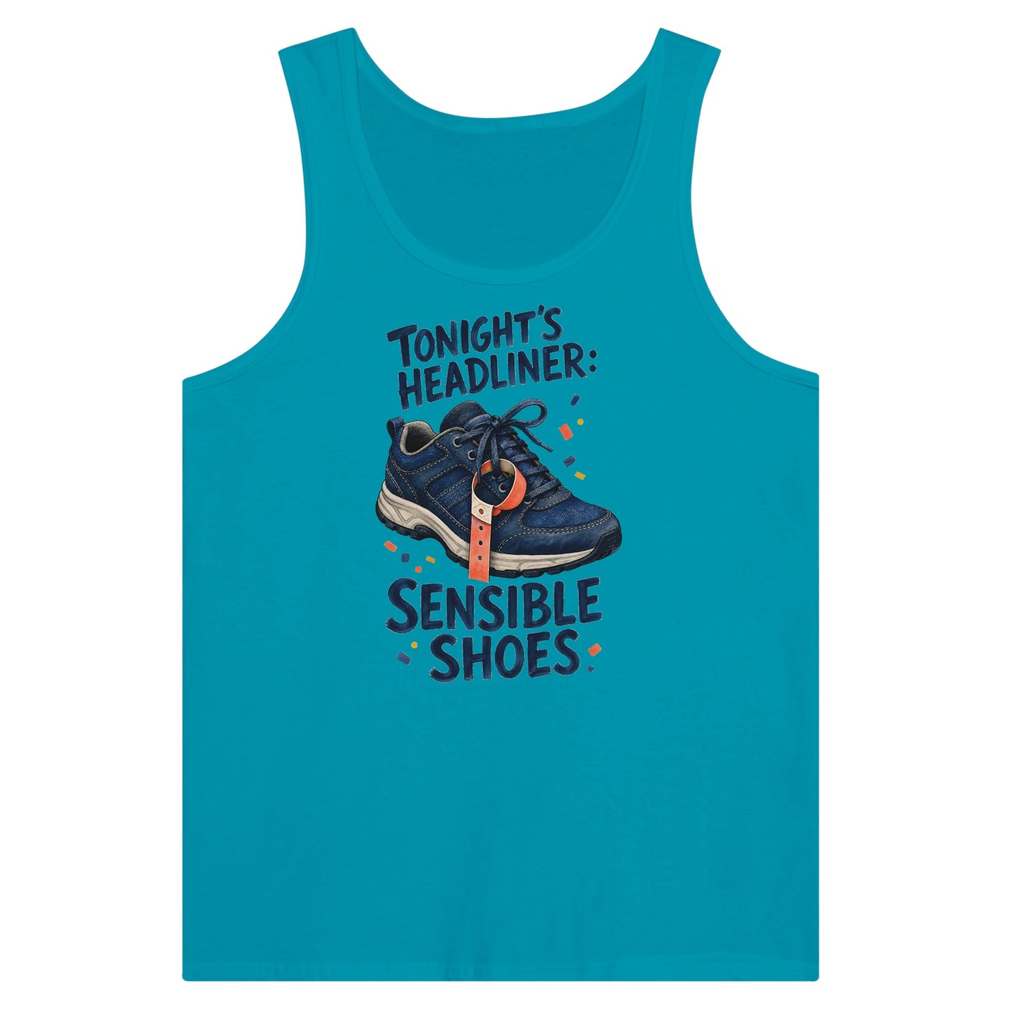 Tonight's Headliner: Sensible Shoes Concert Premium Unisex Tank Top — product view 2