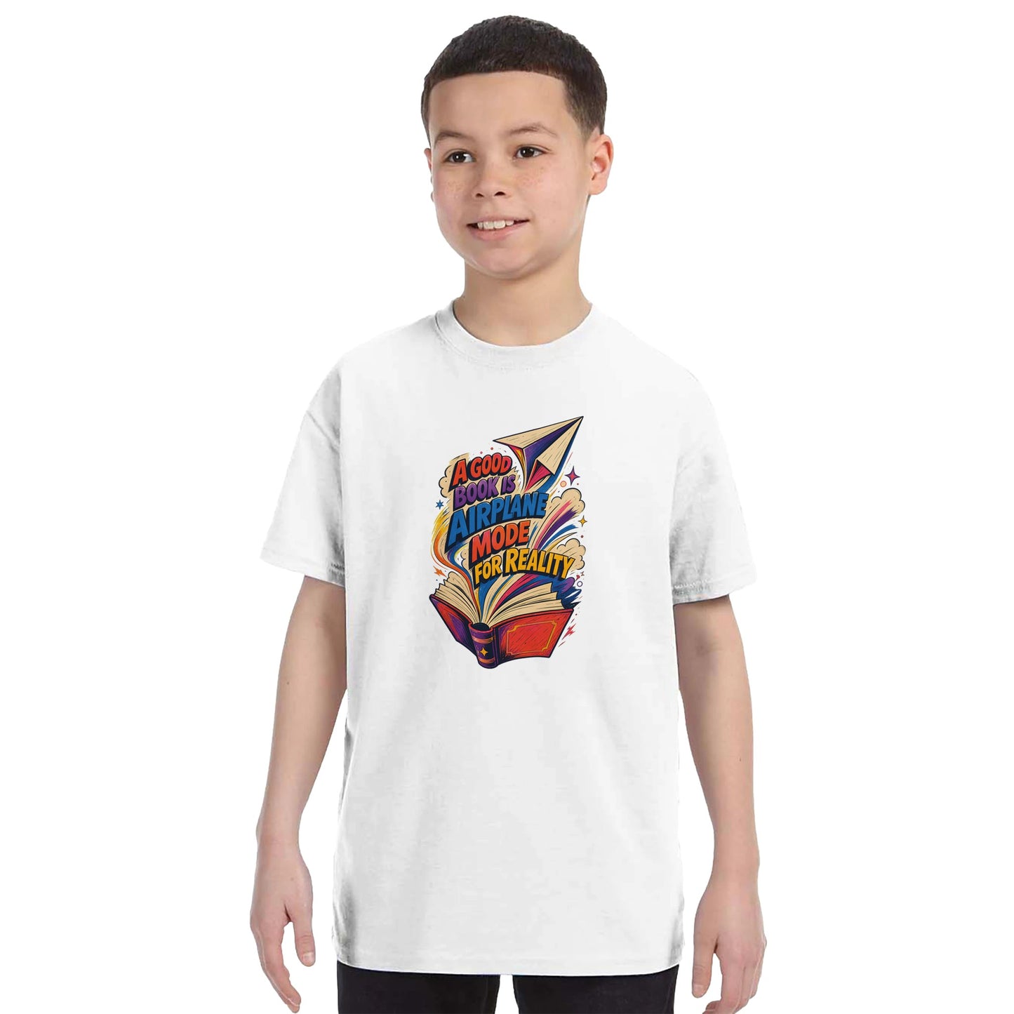 A Good Book Is Airplane Mode for Reality Kids' T-shirt — product view 16