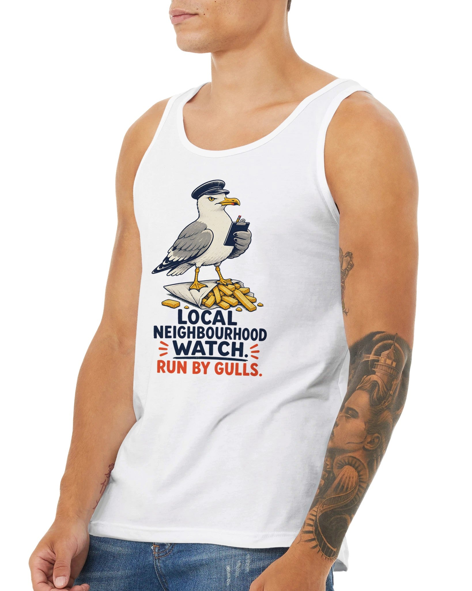 Local Neighbourhood Watch: Run by Gulls Premium Unisex Tank Top — product view 16