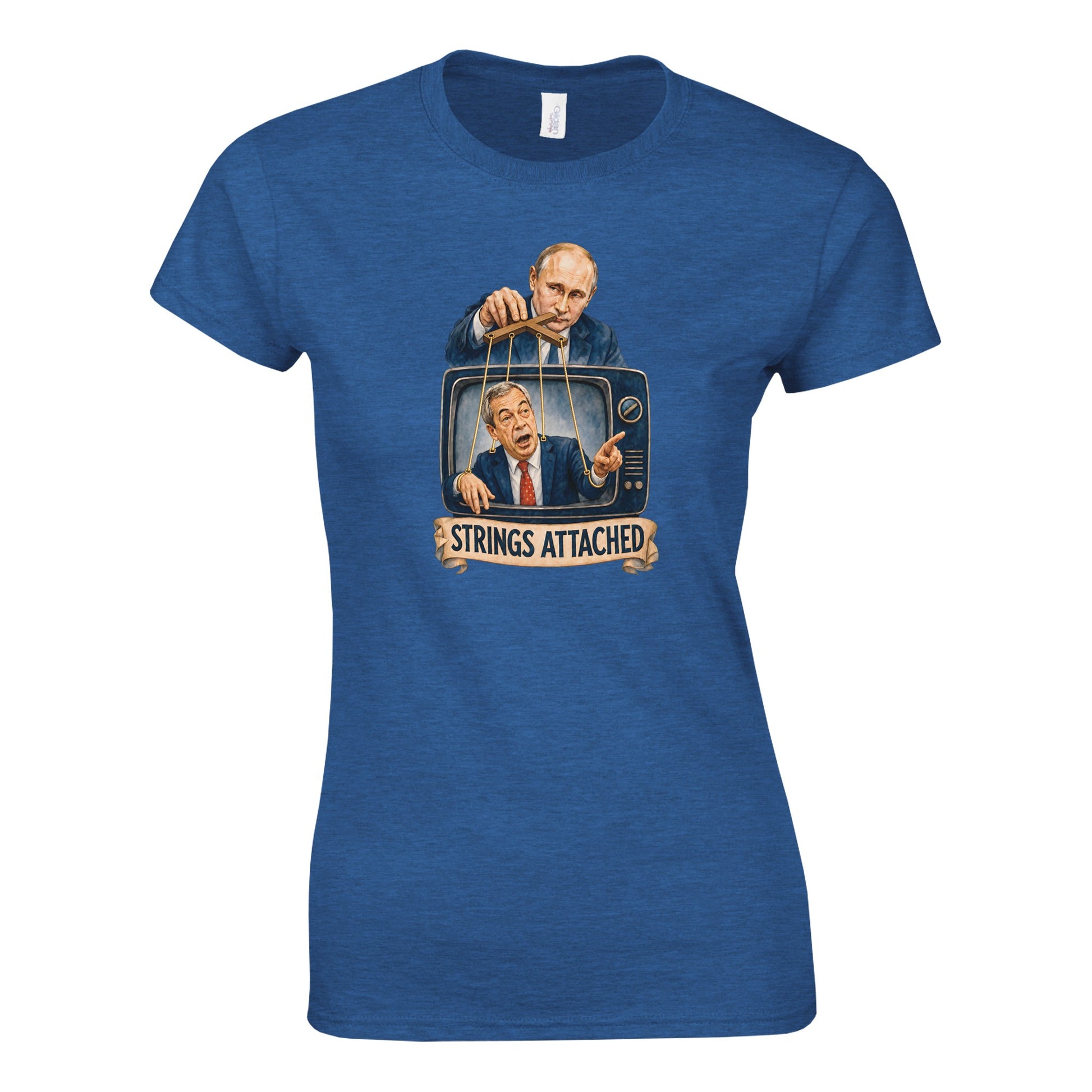 Strings Attached Political Satire Women's T-shirt — product view 5