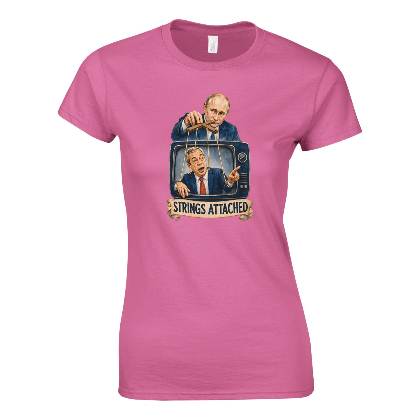Strings Attached Political Satire Women's T-shirt — product view 4