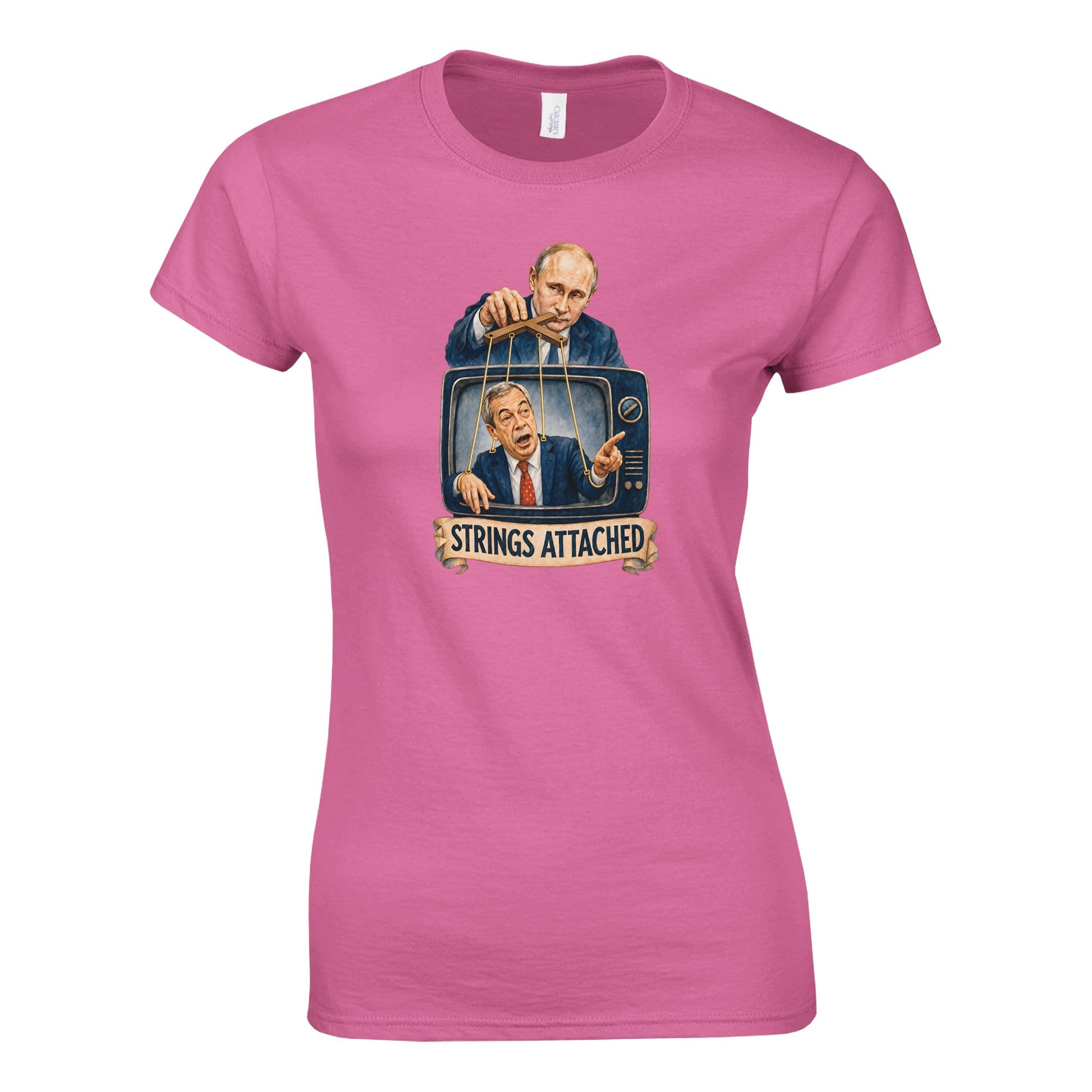 Strings Attached Political Satire Women's T-shirt — product view 4