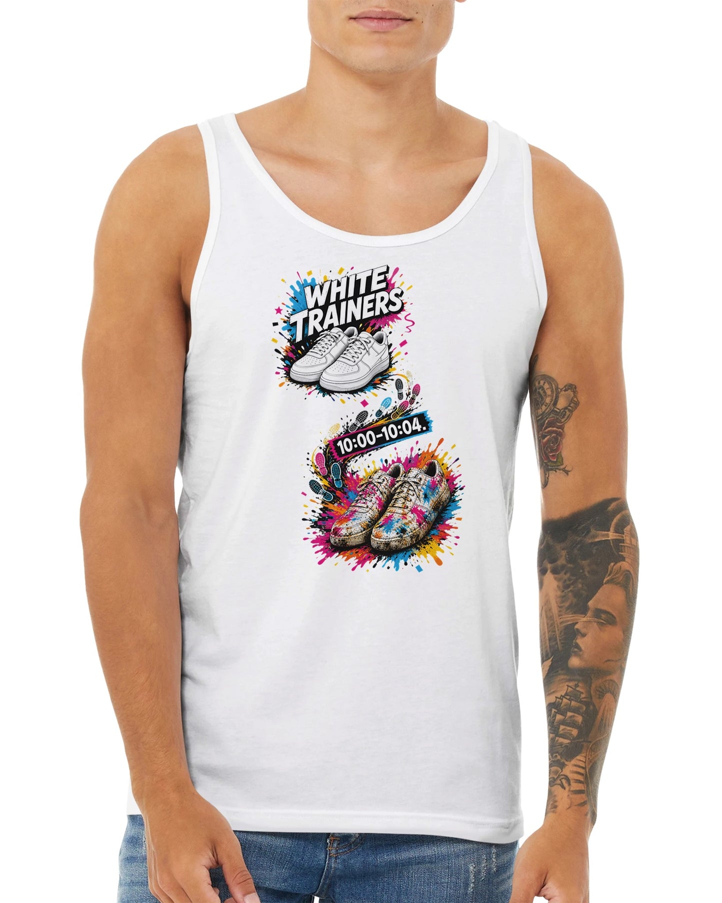 White Trainers: 10:00–10:04 Premium Unisex Tank Top — product view 15