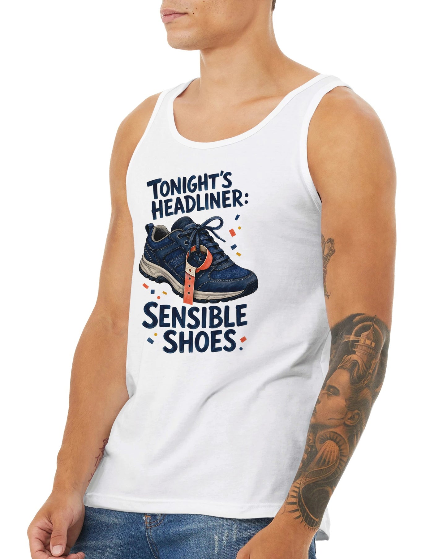 Tonight's Headliner: Sensible Shoes Concert Premium Unisex Tank Top — product view 16