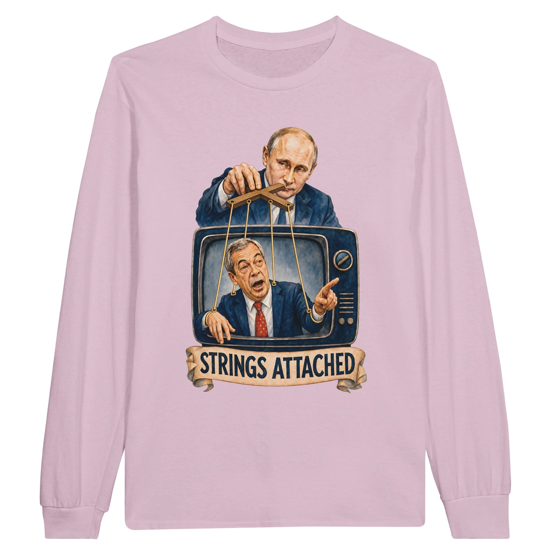Strings Attached Political Satire Long-Sleeve T-shirt — product view 6