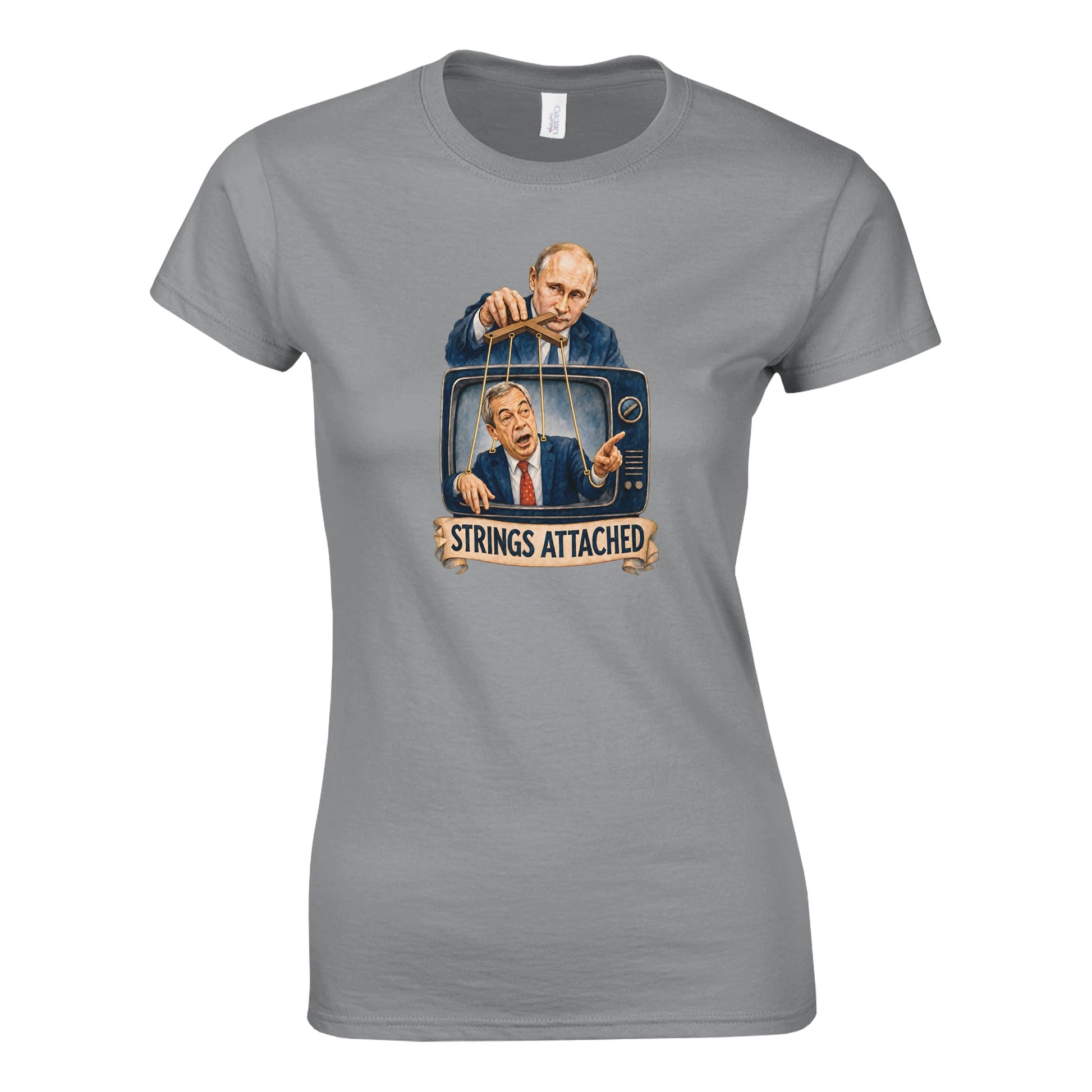 Strings Attached Political Satire Women's T-shirt — product view 10