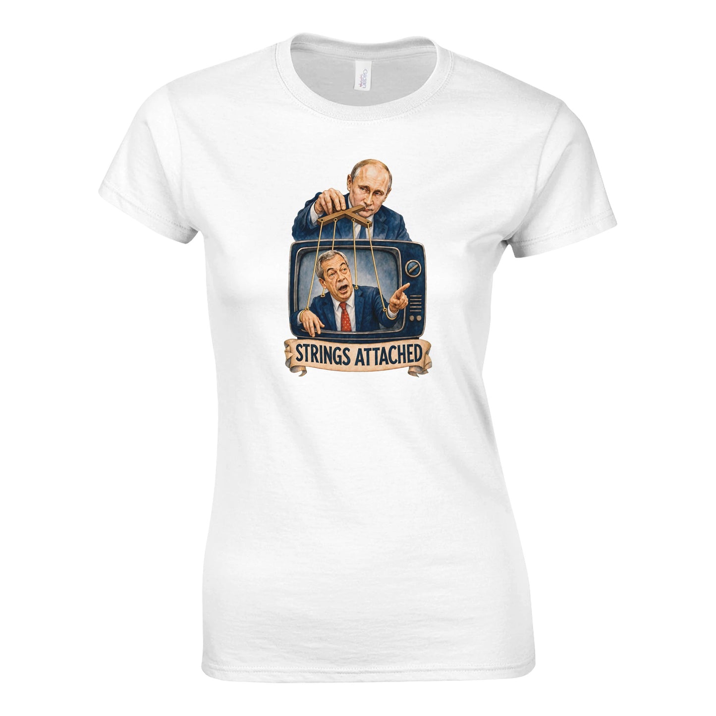 Strings Attached Political Satire Women's T-shirt — product view 1