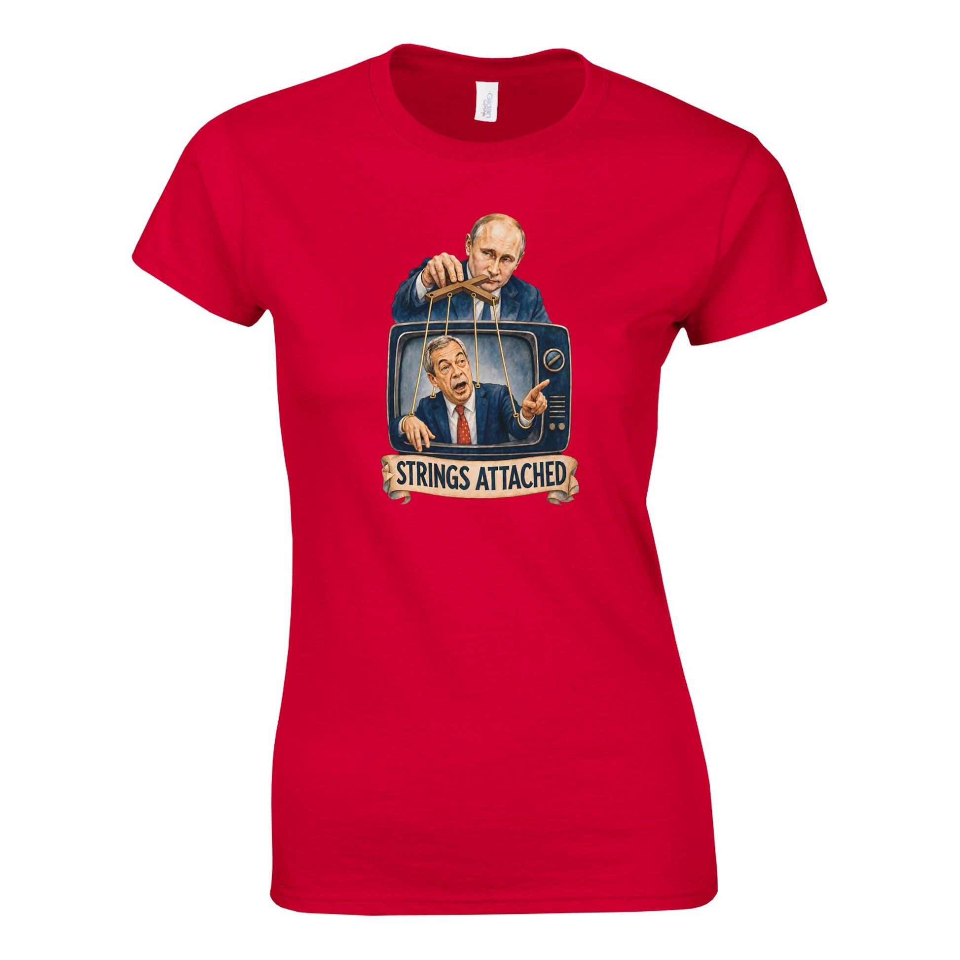 Strings Attached Political Satire Women's T-shirt — product view 2