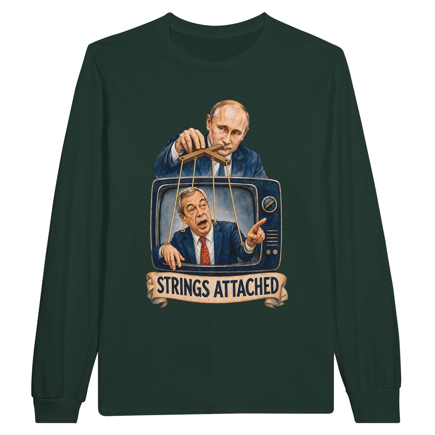Strings Attached Political Satire Long-Sleeve T-shirt — product view 5