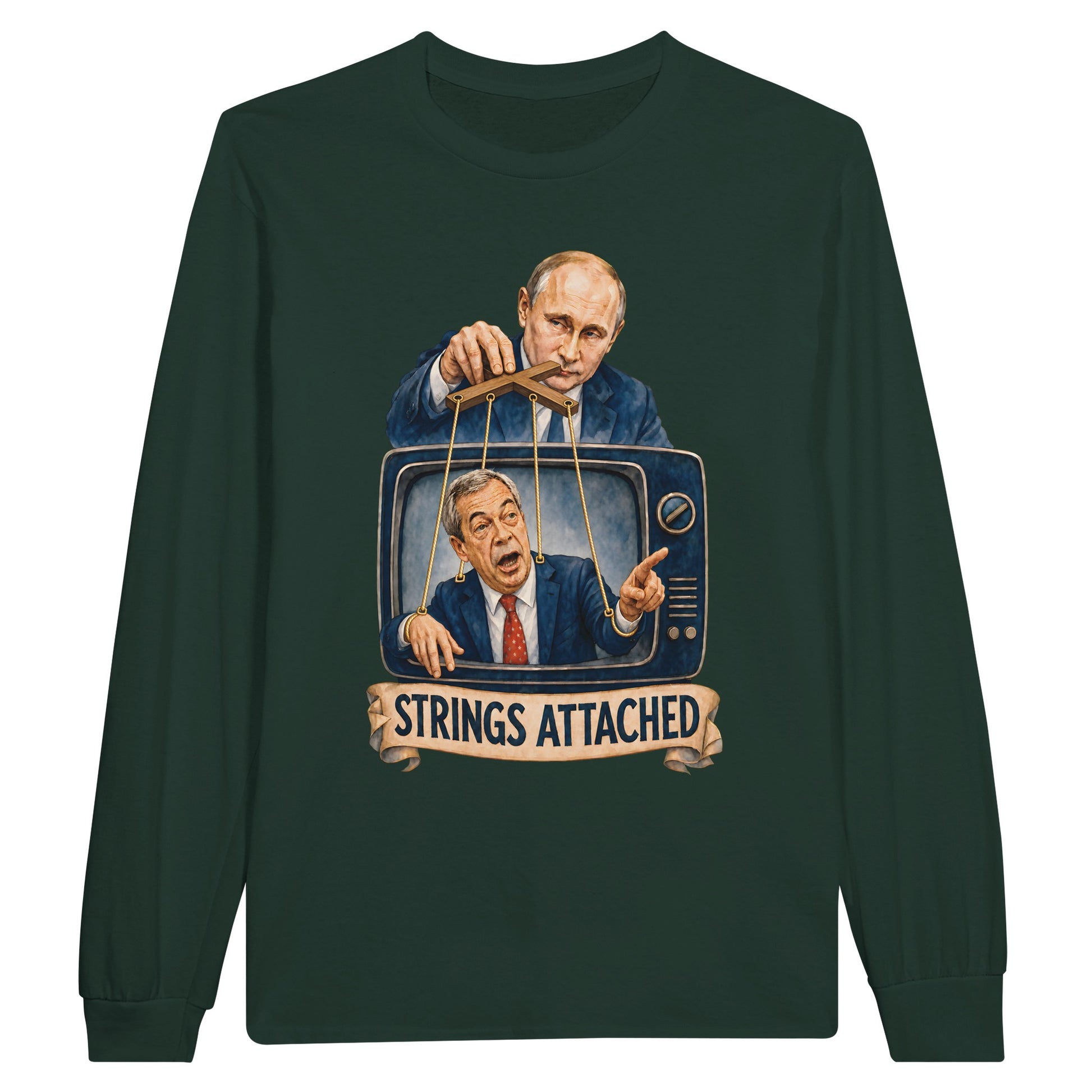 Strings Attached Political Satire Long-Sleeve T-shirt — product view 5