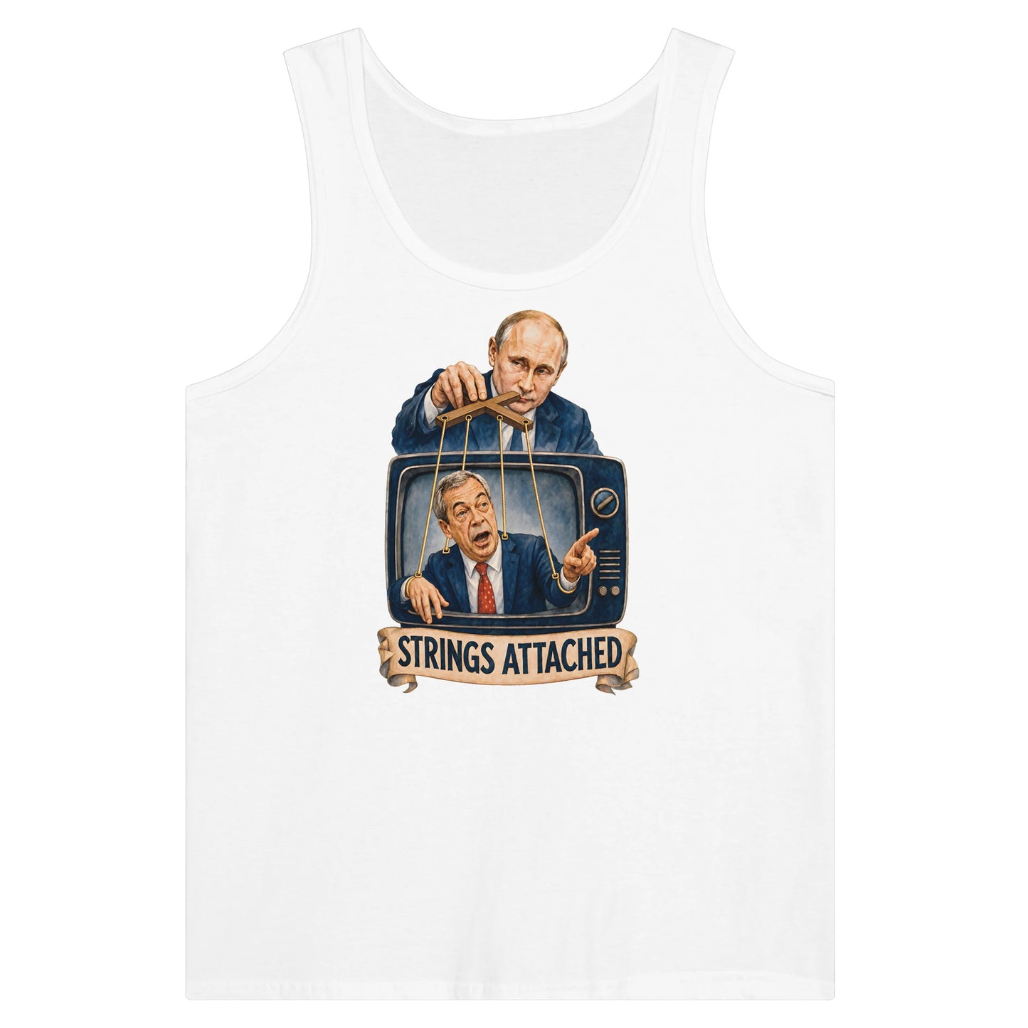 Strings Attached Political Satire Premium Unisex Tank Top — product view 1