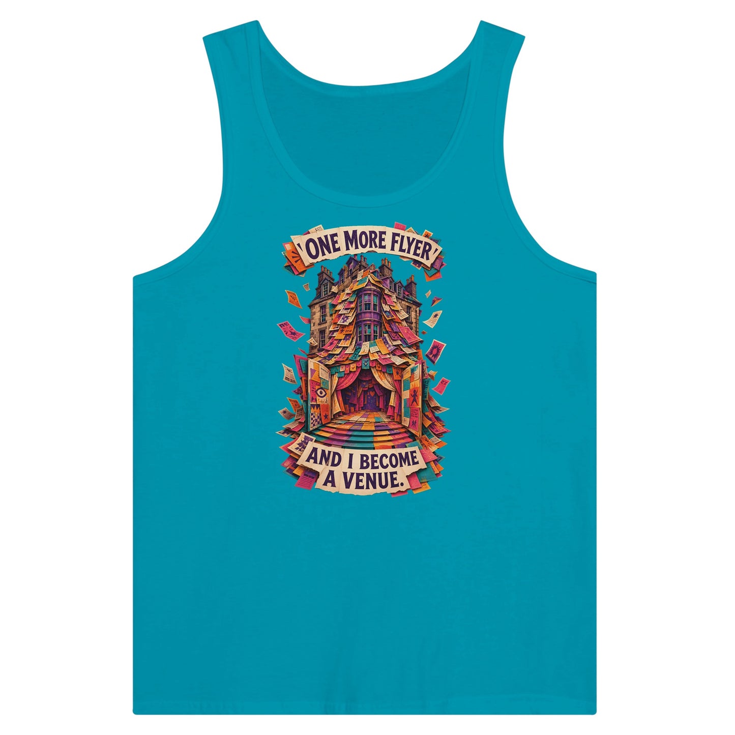 One More Flyer and I Become a Venue Premium Unisex Tank Top — product view 2