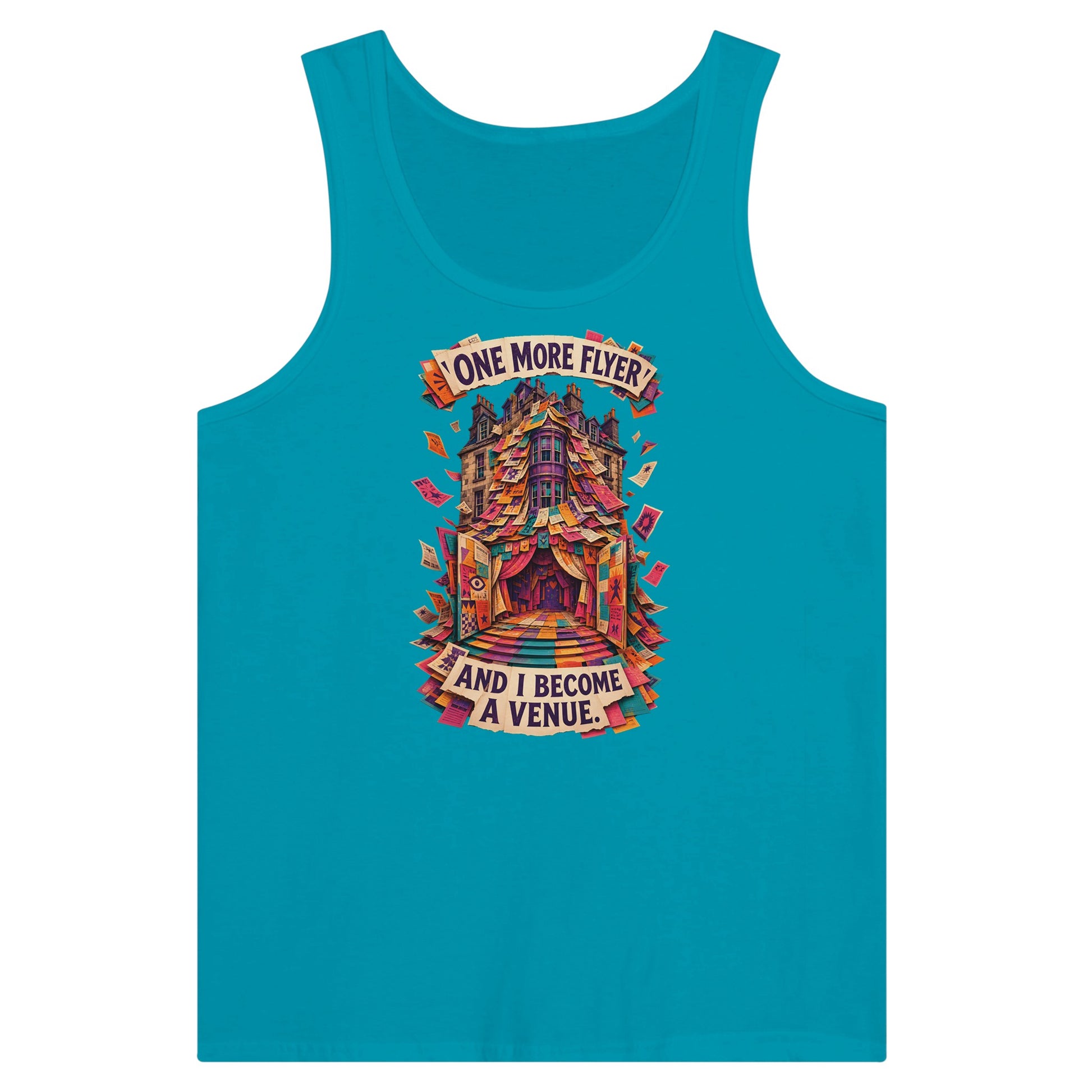 One More Flyer and I Become a Venue Premium Unisex Tank Top — product view 2