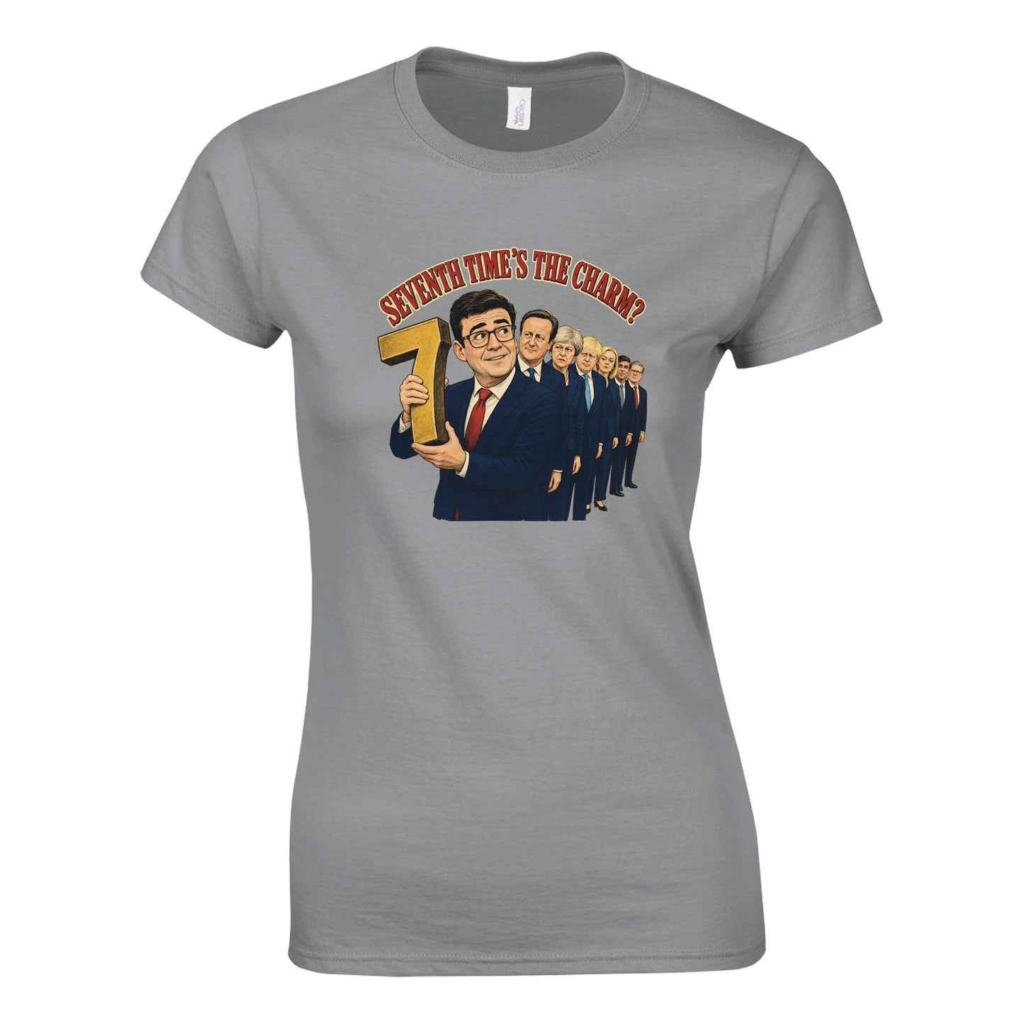 Seventh Time’s the Charm? UK Prime Minister Caricature Women's T-shirt — product view 2