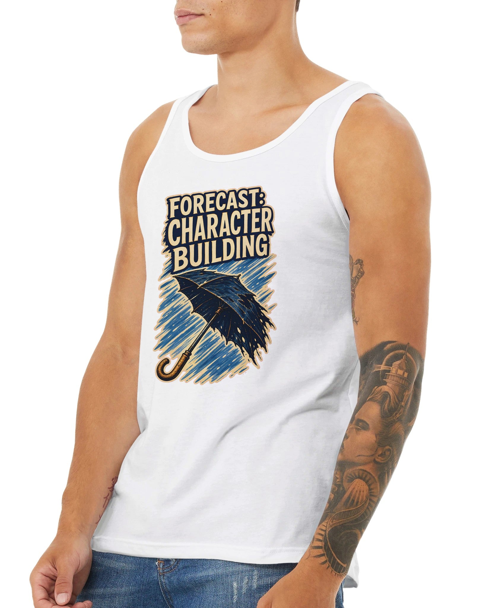 Forecast: Character Building – British Weather Premium Unisex Tank Top — product view 6
