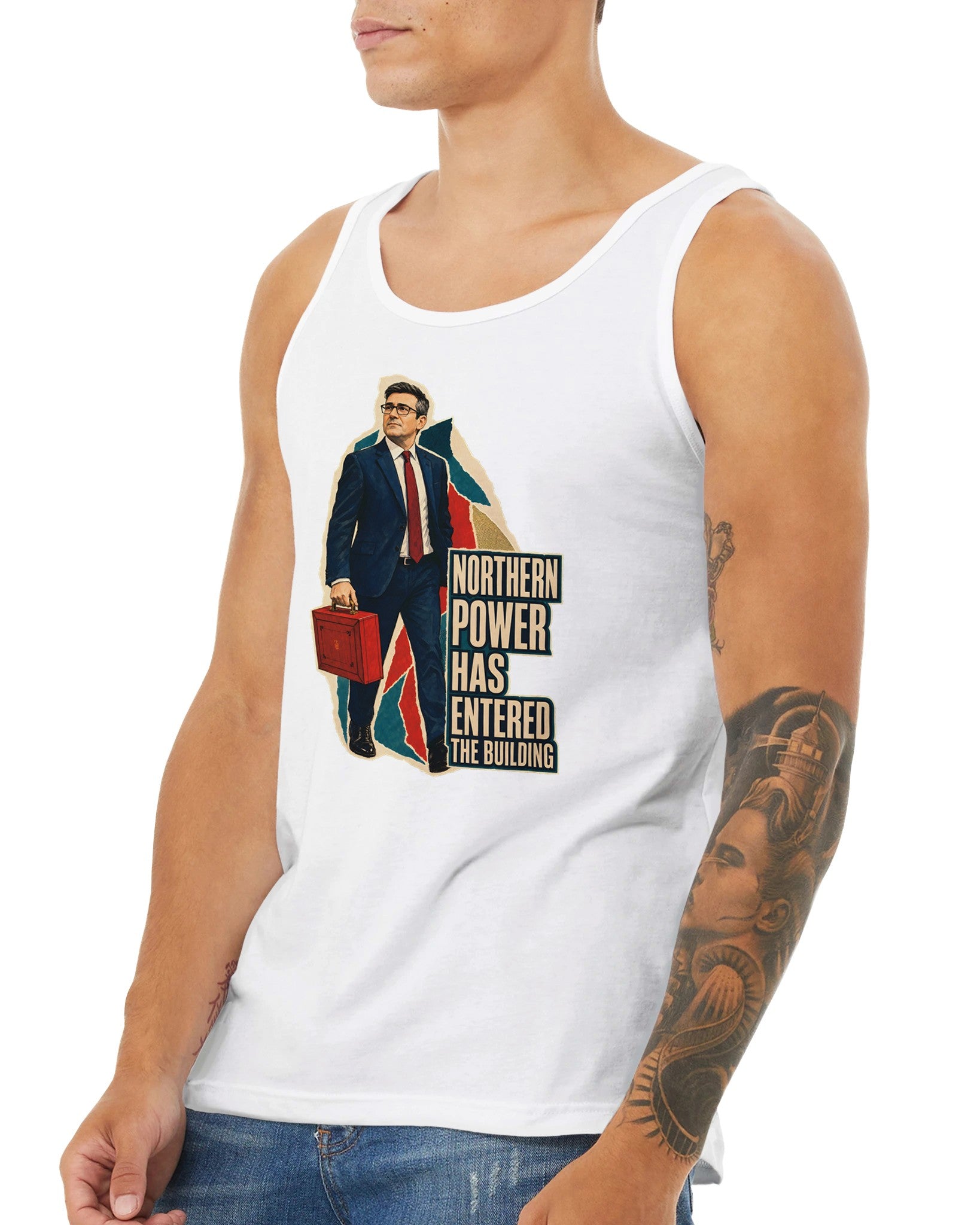 Northern Power Has Entered the Building Tote Bag Premium Unisex Tank Top — product view 16