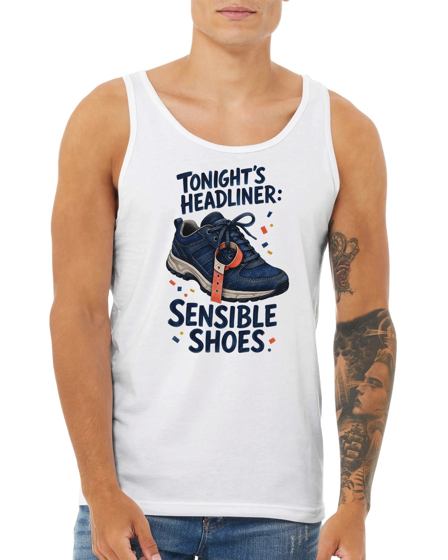 Tonight's Headliner: Sensible Shoes Concert Premium Unisex Tank Top — product view 15