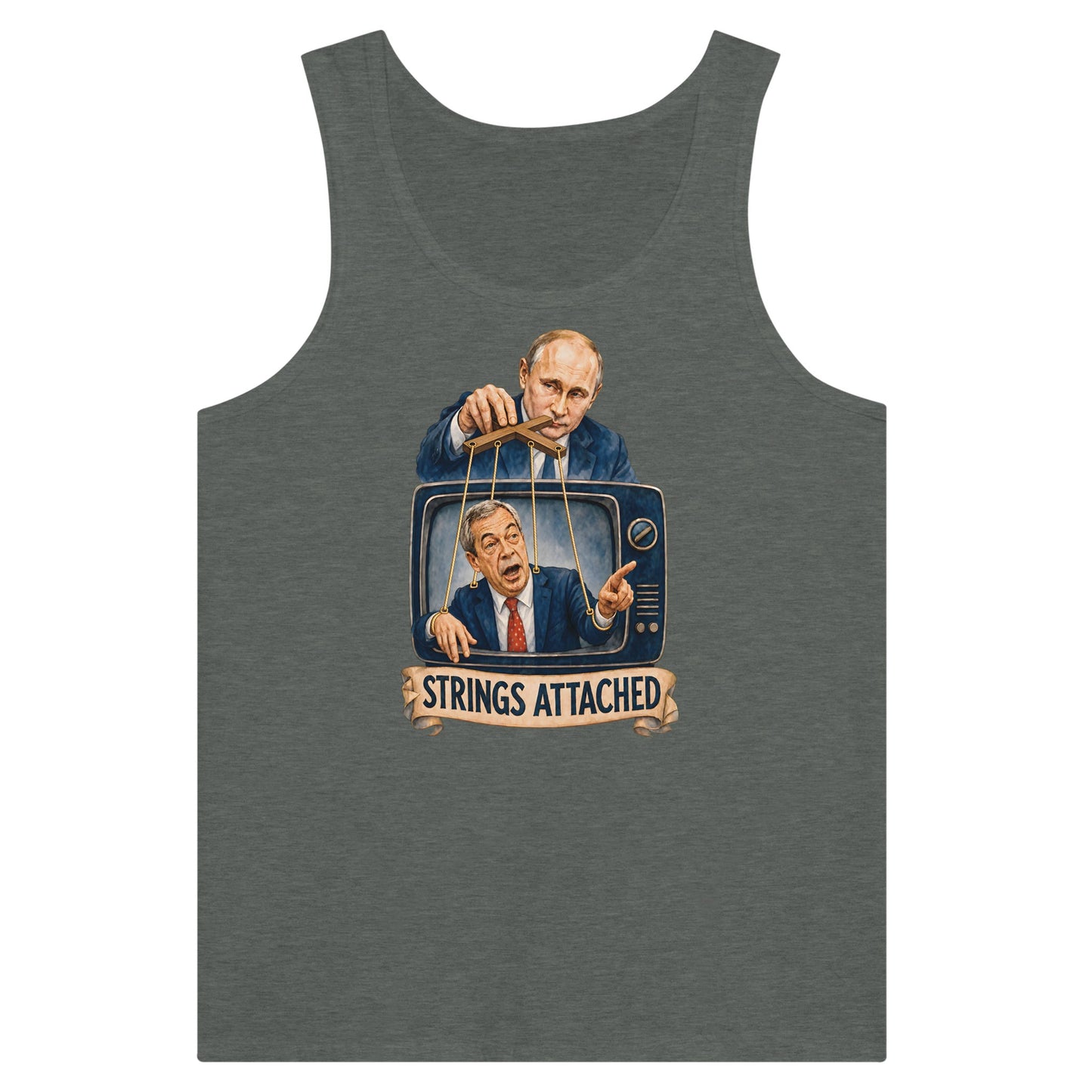Strings Attached Political Satire Premium Unisex Tank Top — product view 4