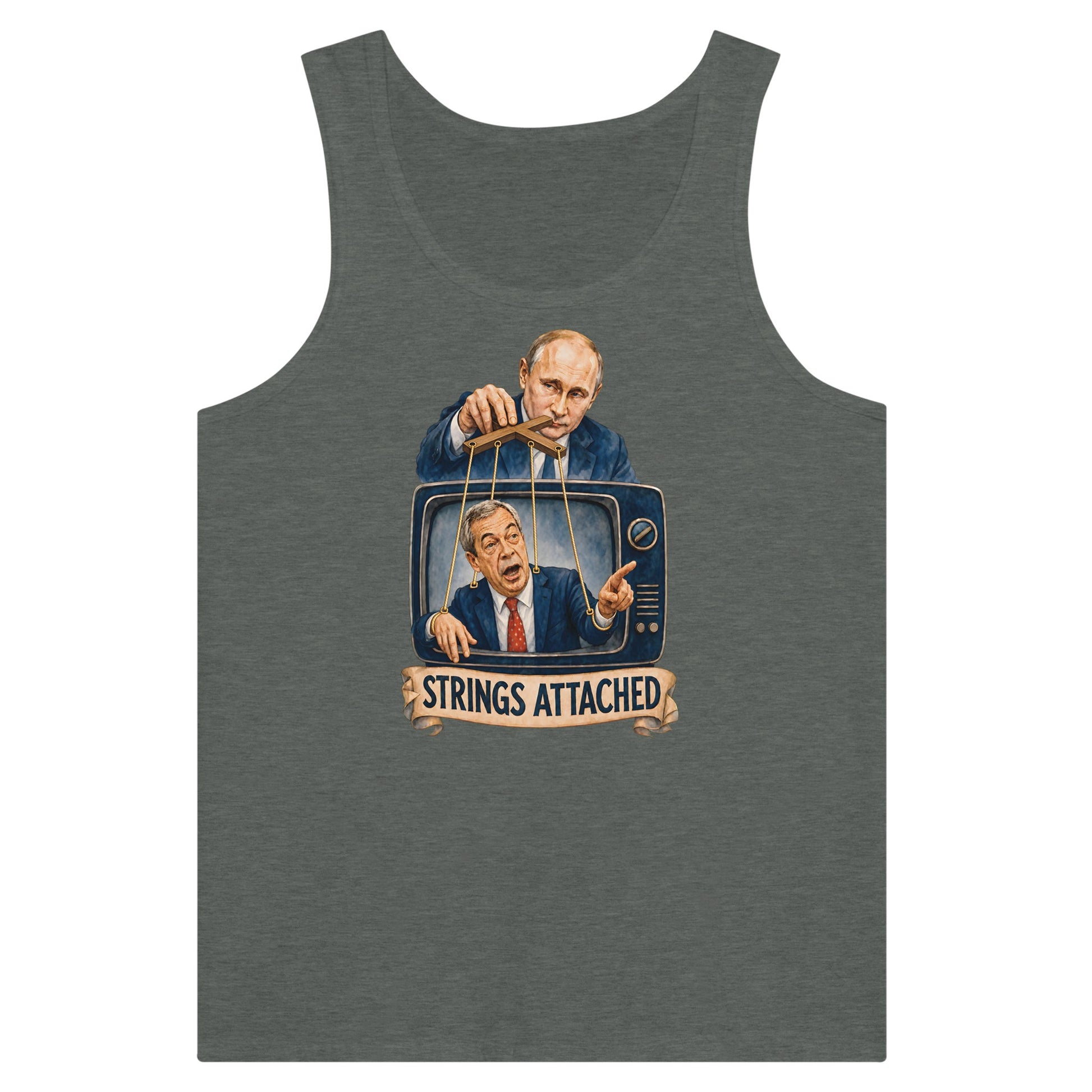 Strings Attached Political Satire Premium Unisex Tank Top — product view 4