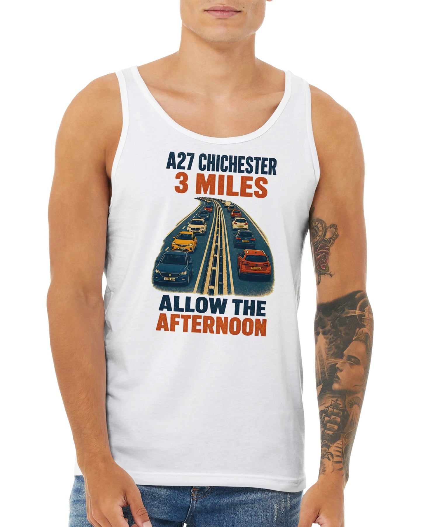 A27 Chichester – 3 Miles, Allow the Afternoon Premium Unisex Tank Top — product view 15