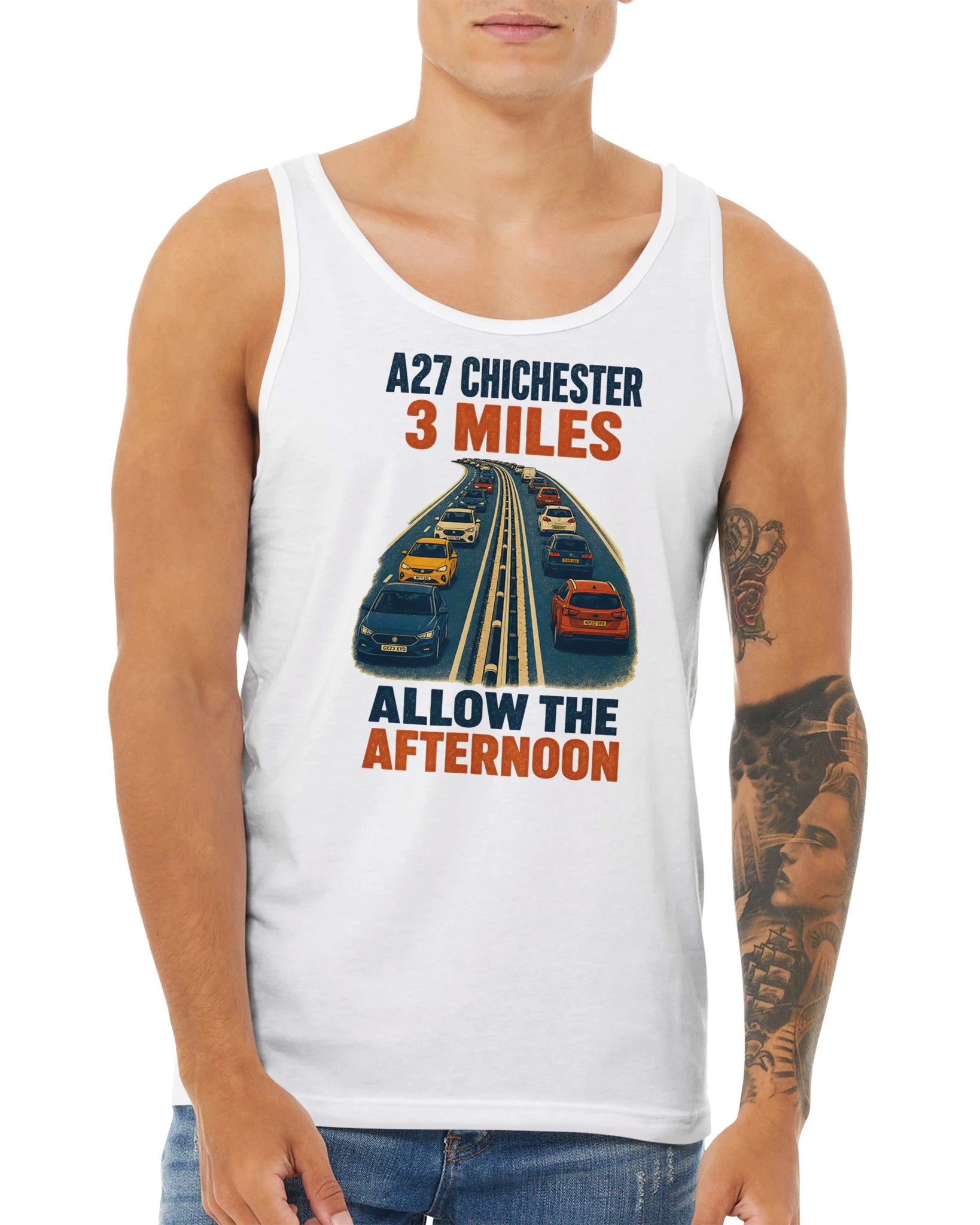 A27 Chichester – 3 Miles, Allow the Afternoon Premium Unisex Tank Top — product view 15