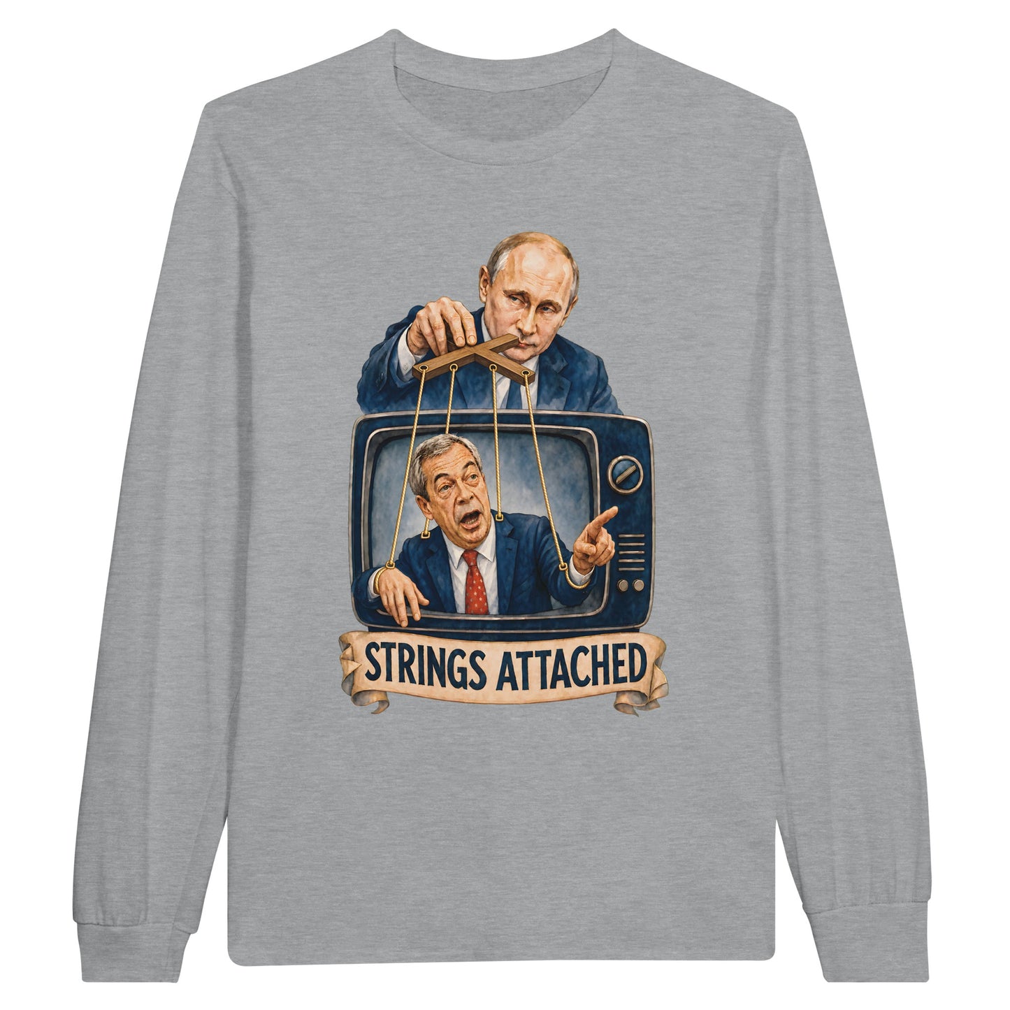 Strings Attached Political Satire Long-Sleeve T-shirt — product view 10