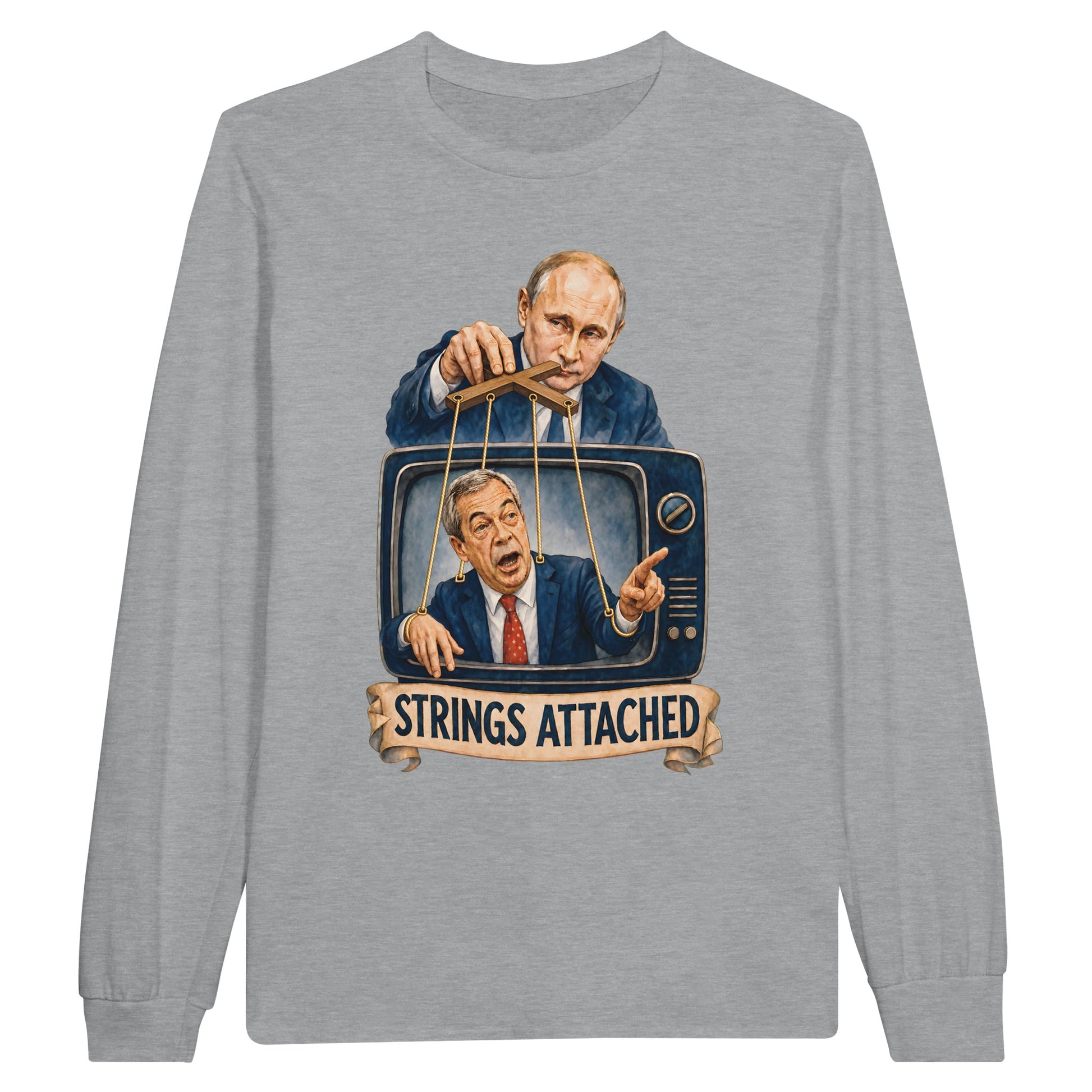 Strings Attached Political Satire Long-Sleeve T-shirt — product view 10