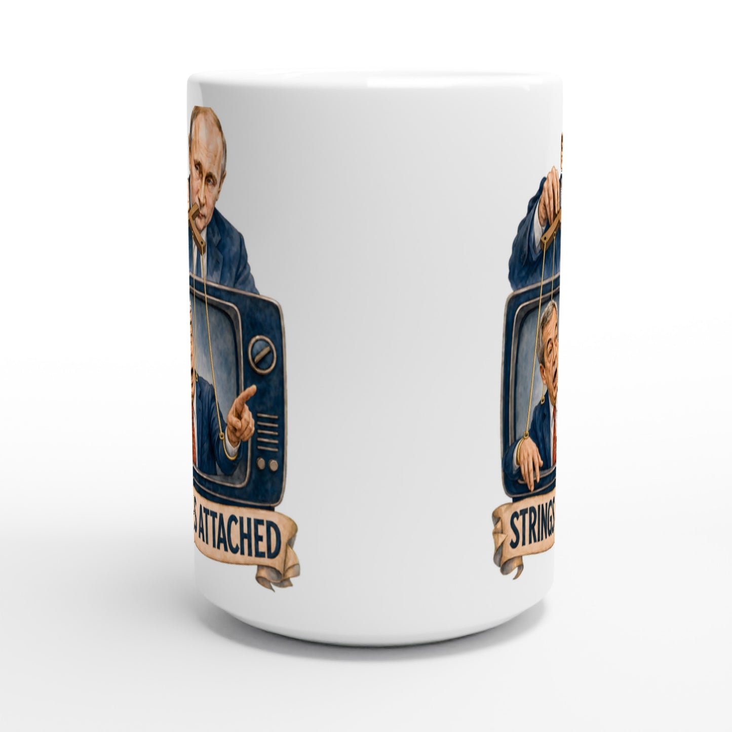 Strings Attached Political Satire Large Mug — product view 2