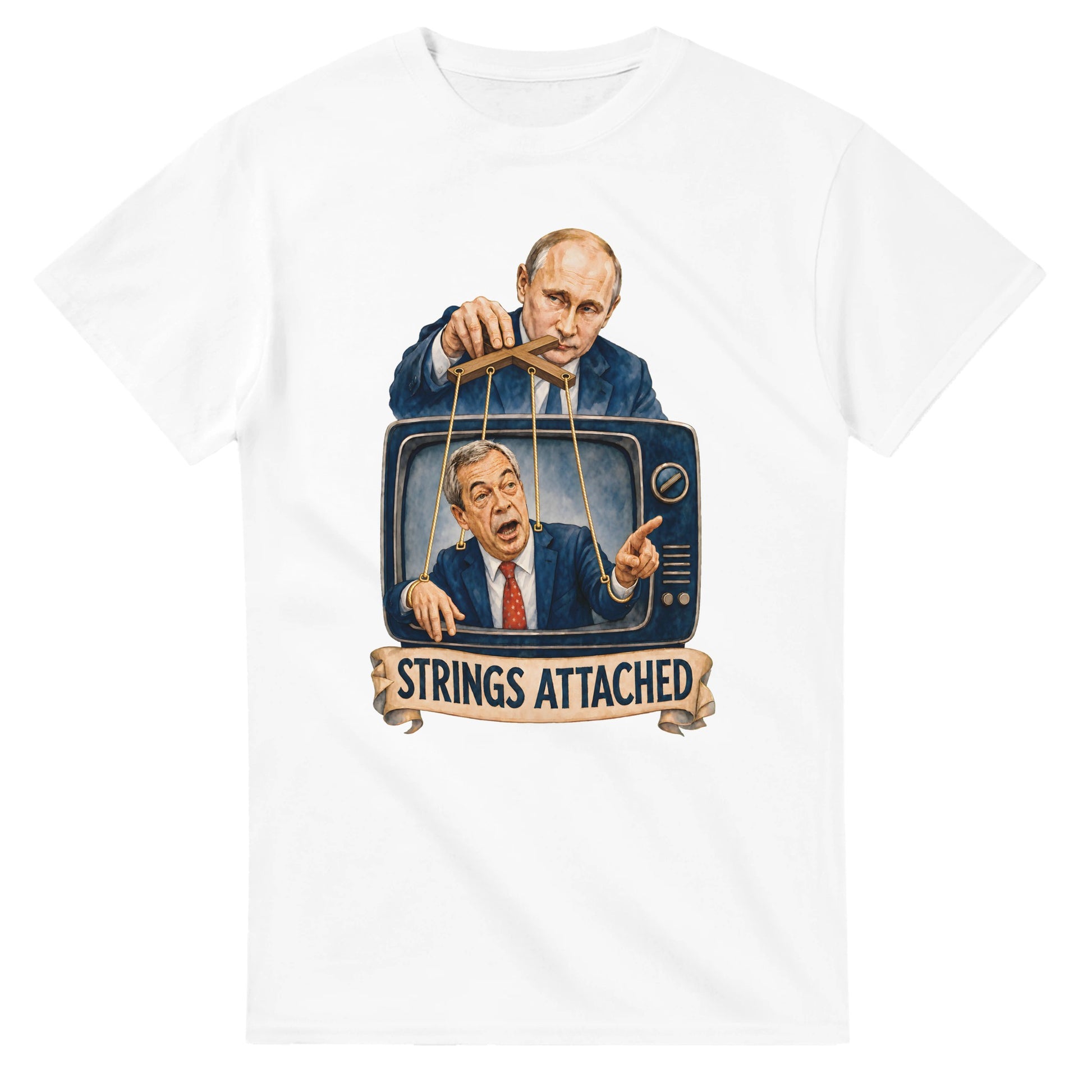 Strings Attached Political Satire T-shirt — product view 1