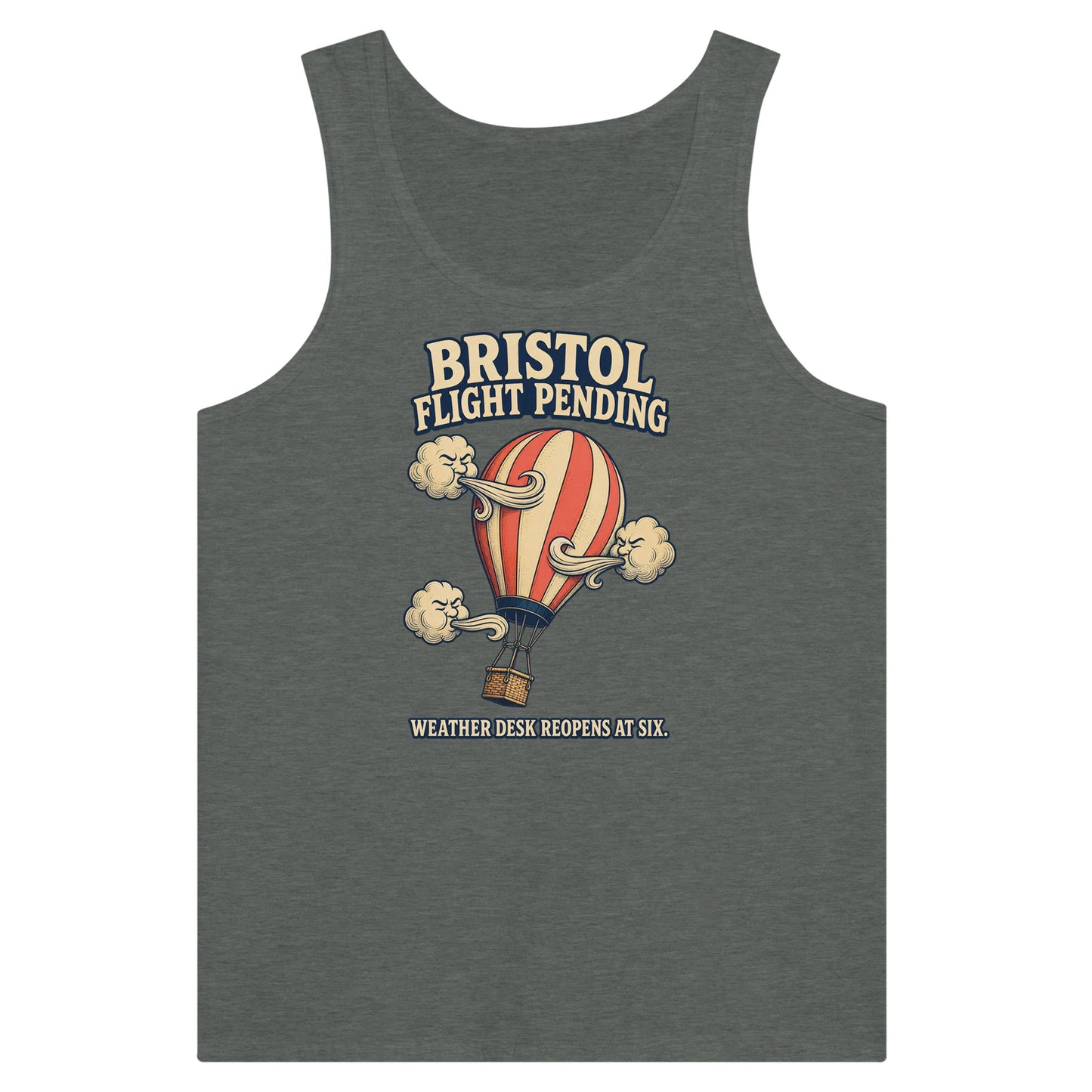 Bristol Flight Pending – Weather Desk Premium Unisex Tank Top — product view 4