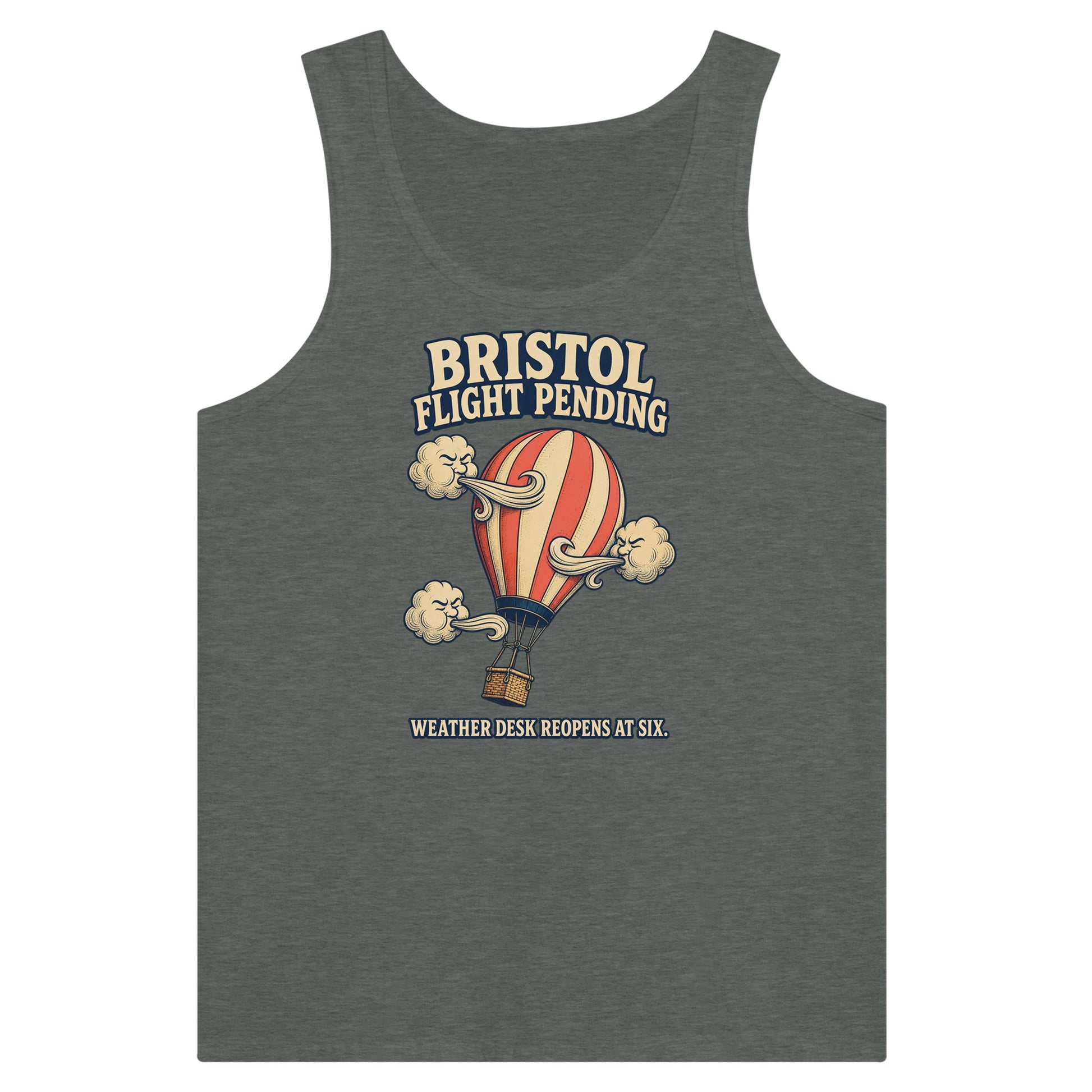 Bristol Flight Pending – Weather Desk Premium Unisex Tank Top — product view 4