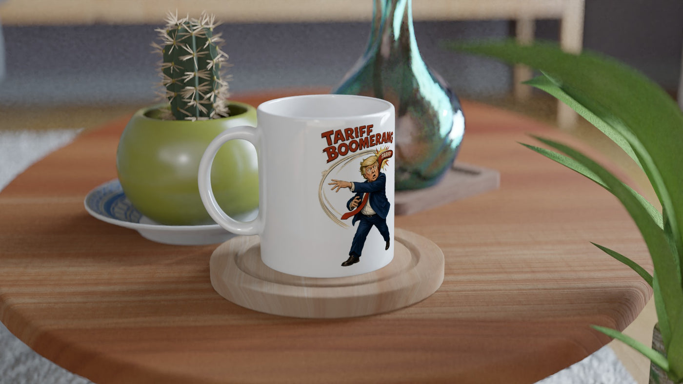 Tariff Boomerang – Trump Political Satire Mug