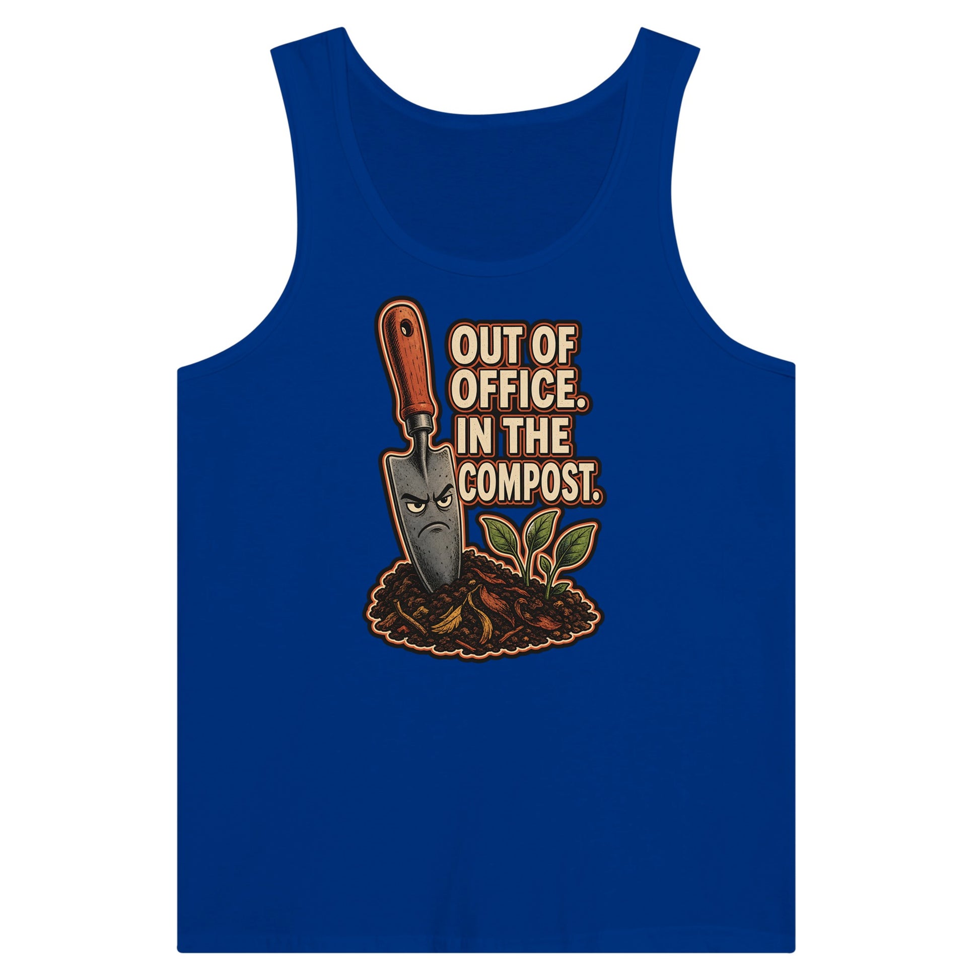 Out of Office, In the Compost Premium Unisex Tank Top — product view 3