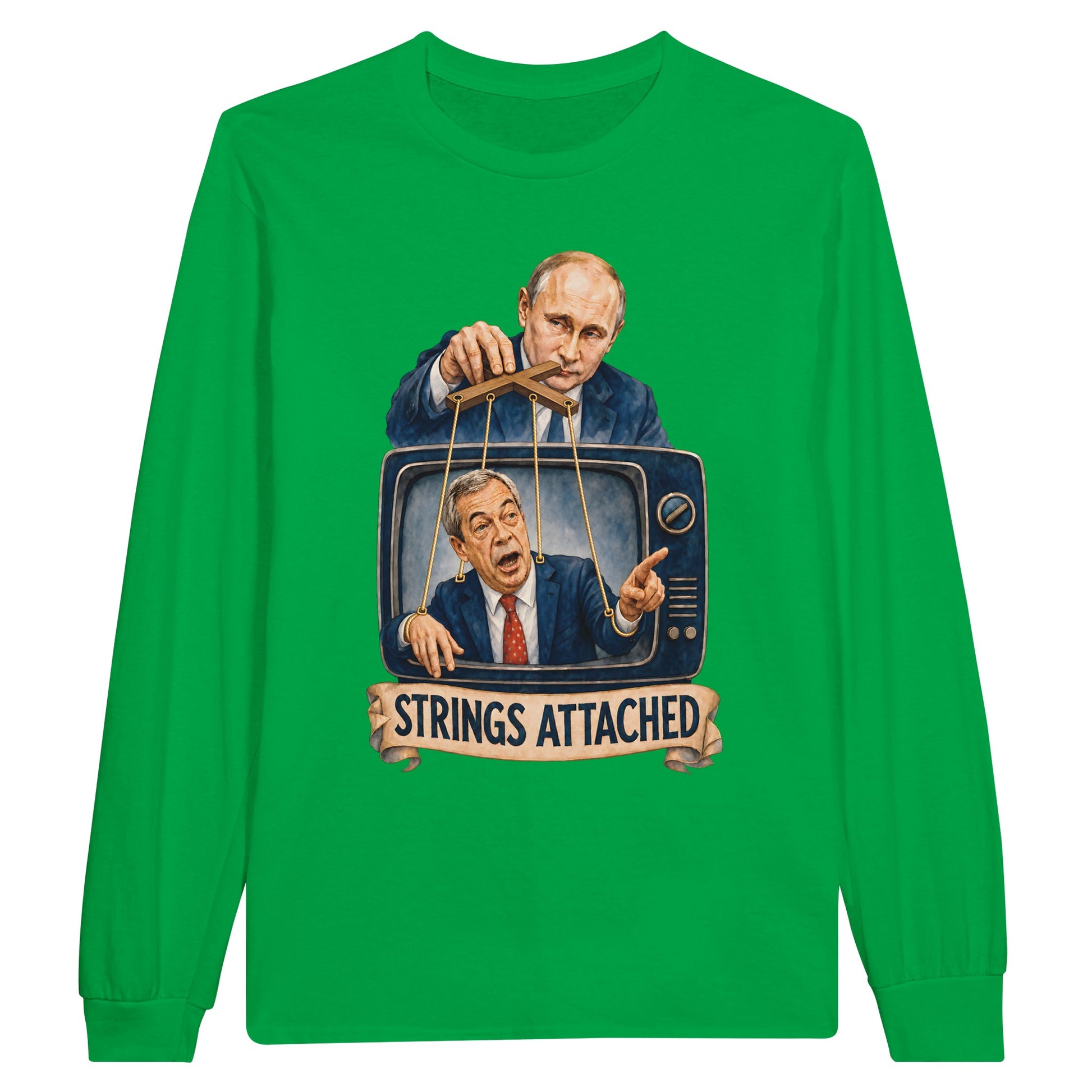 Strings Attached Political Satire Long-Sleeve T-shirt — product view 12