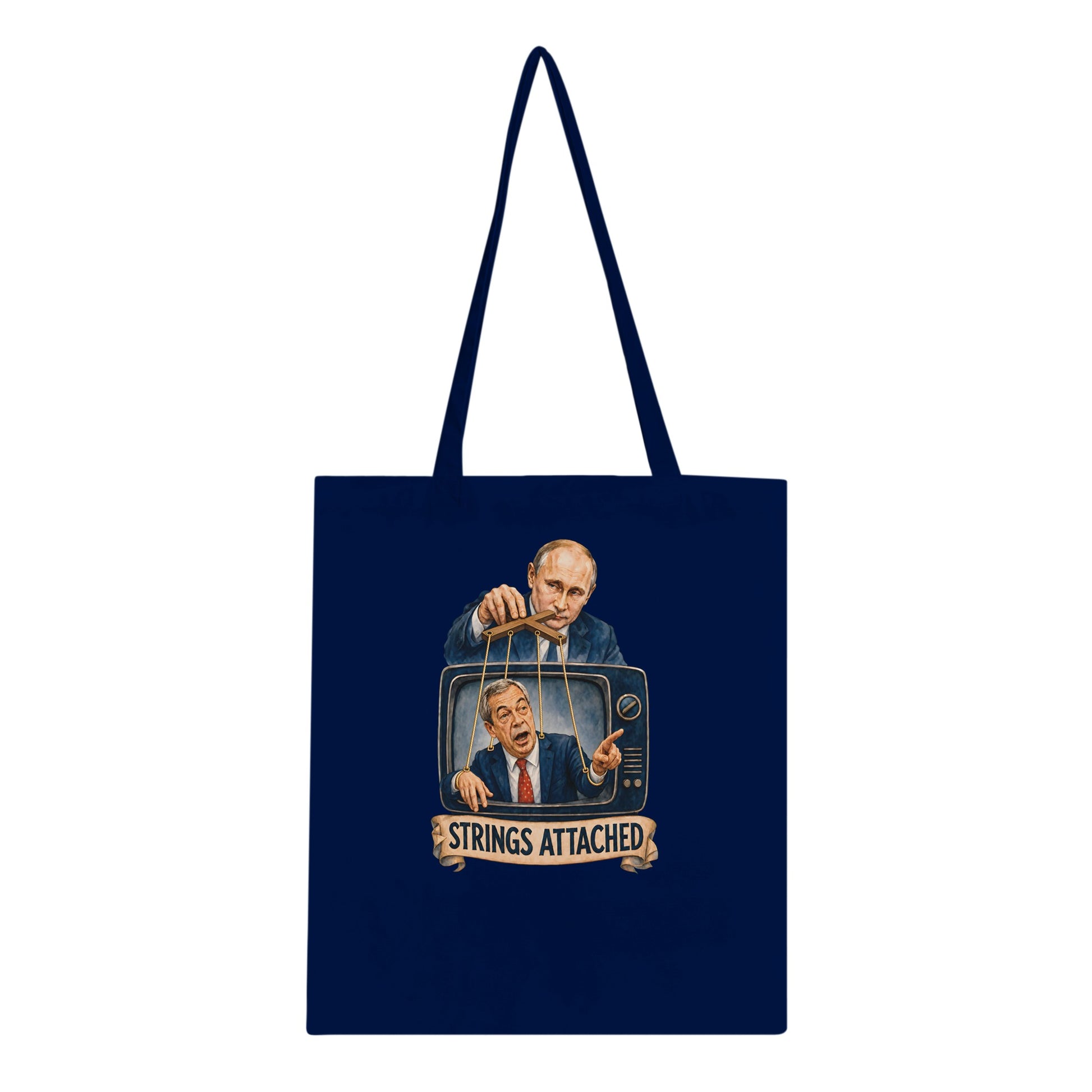 Strings Attached Political Satire Tote Bag — product view 3