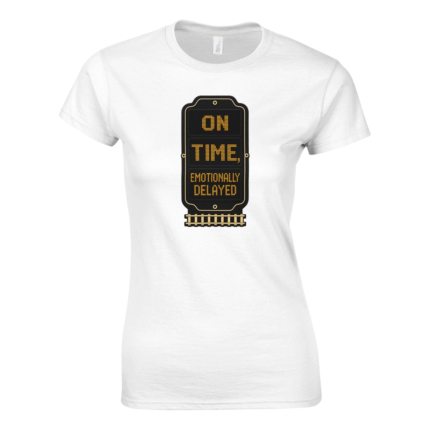 On Time, Emotionally Delayed Rail Graphic Women's T-shirt — product view 1