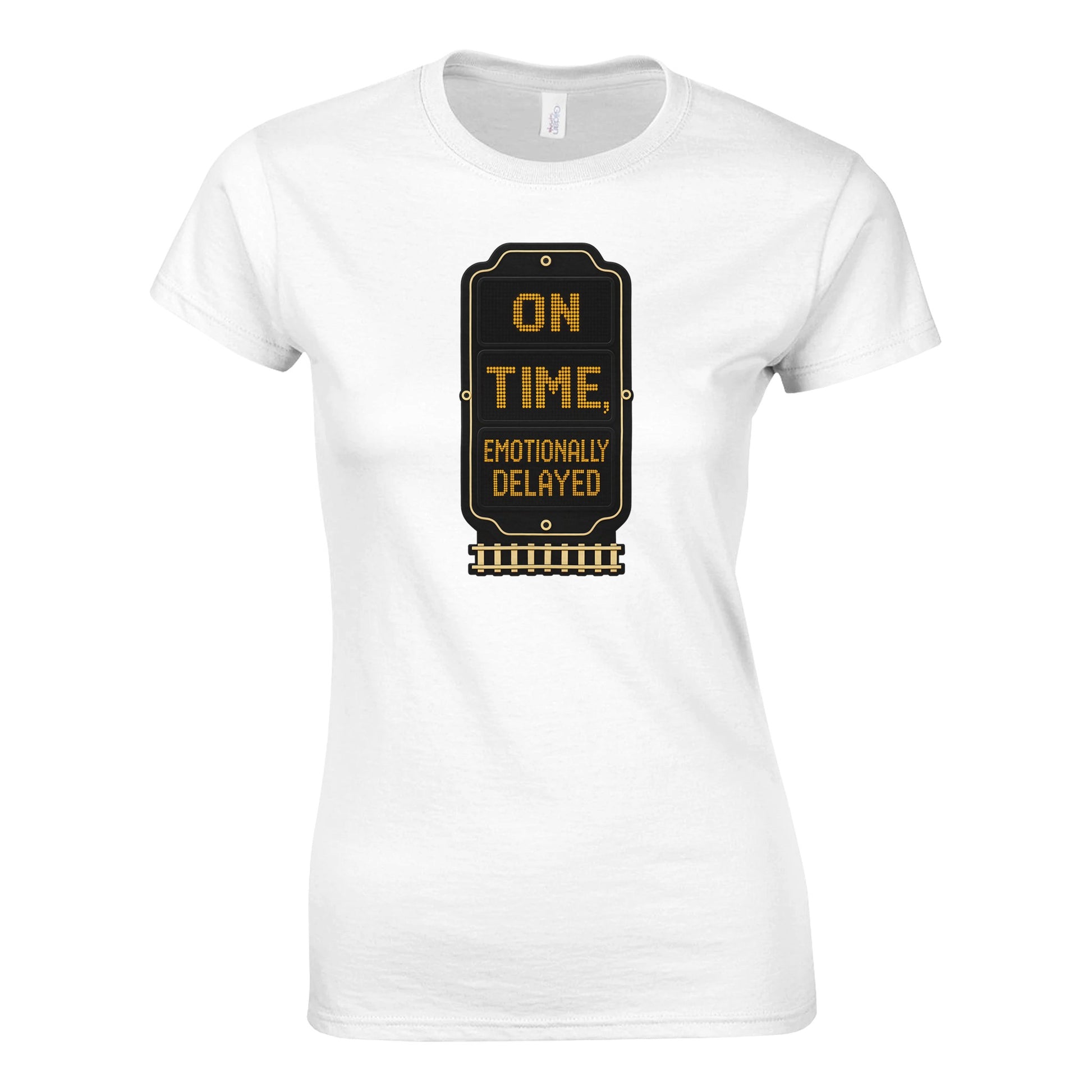 On Time, Emotionally Delayed Rail Graphic Women's T-shirt — product view 1