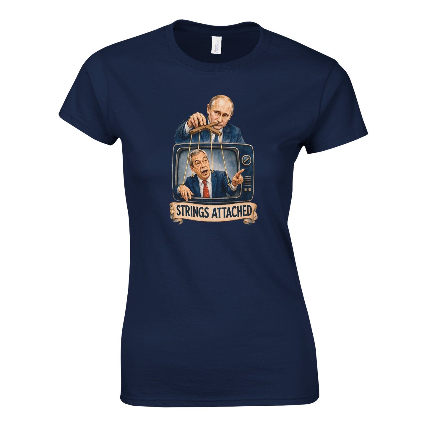 Strings Attached Political Satire Women's T-shirt — product view 8