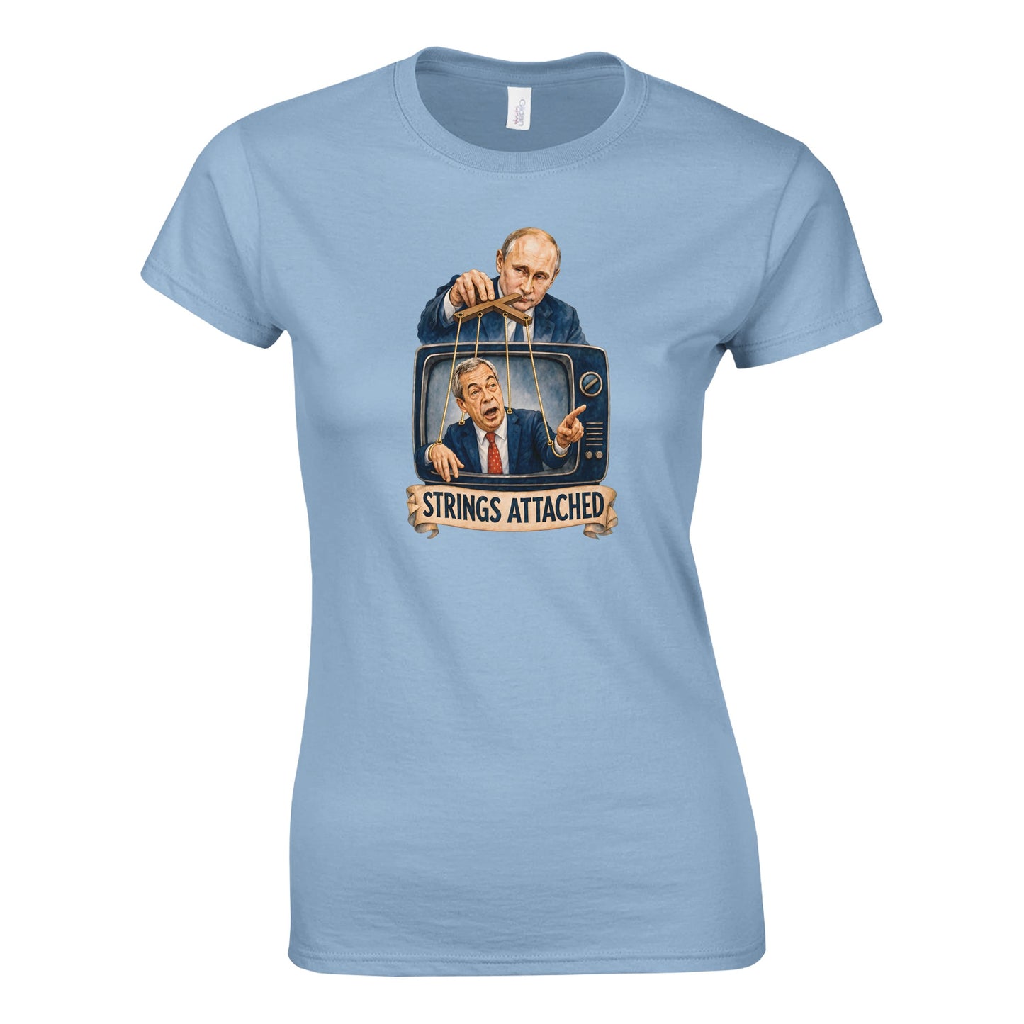Strings Attached Political Satire Women's T-shirt — product view 3