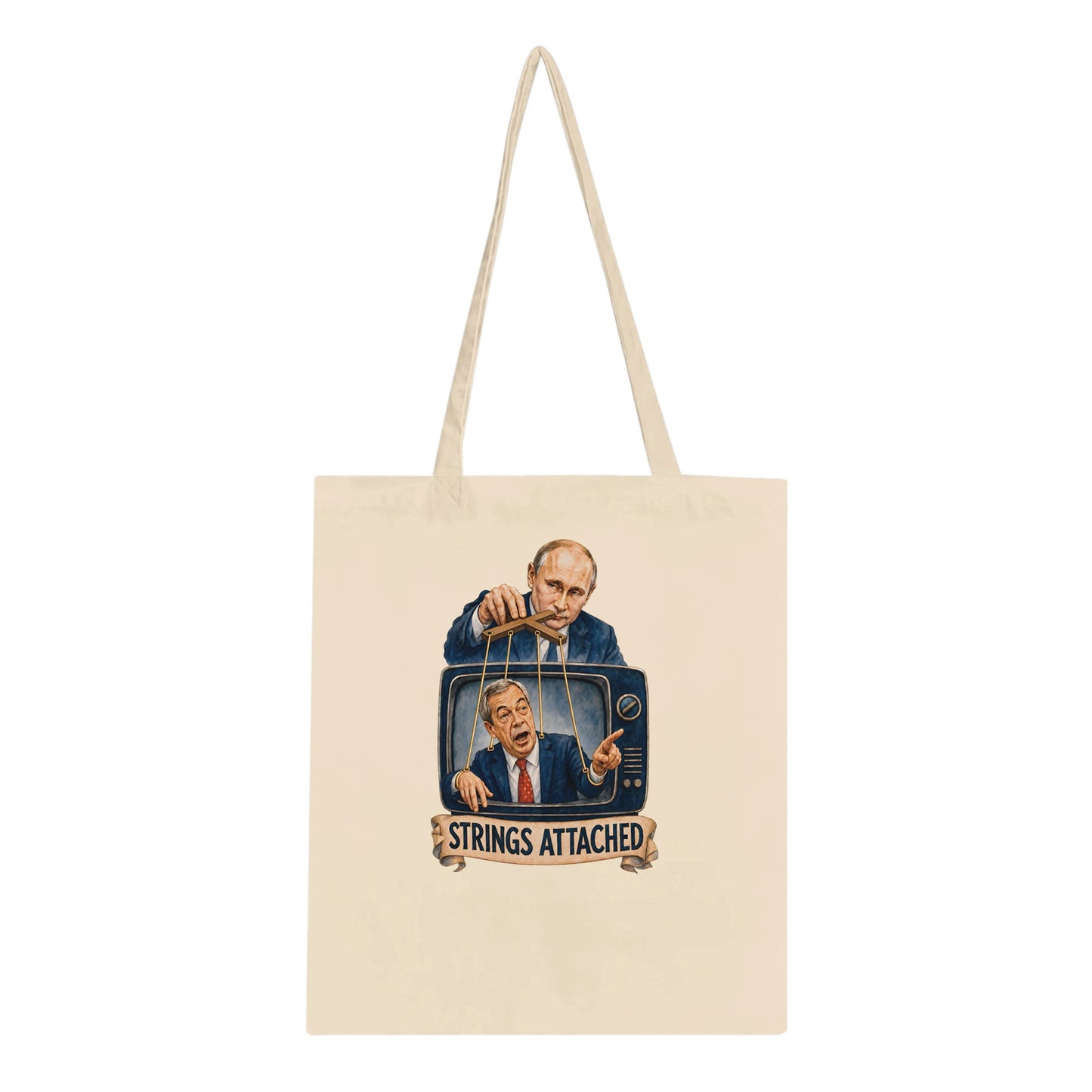 Strings Attached Political Satire Tote Bag — product view 1