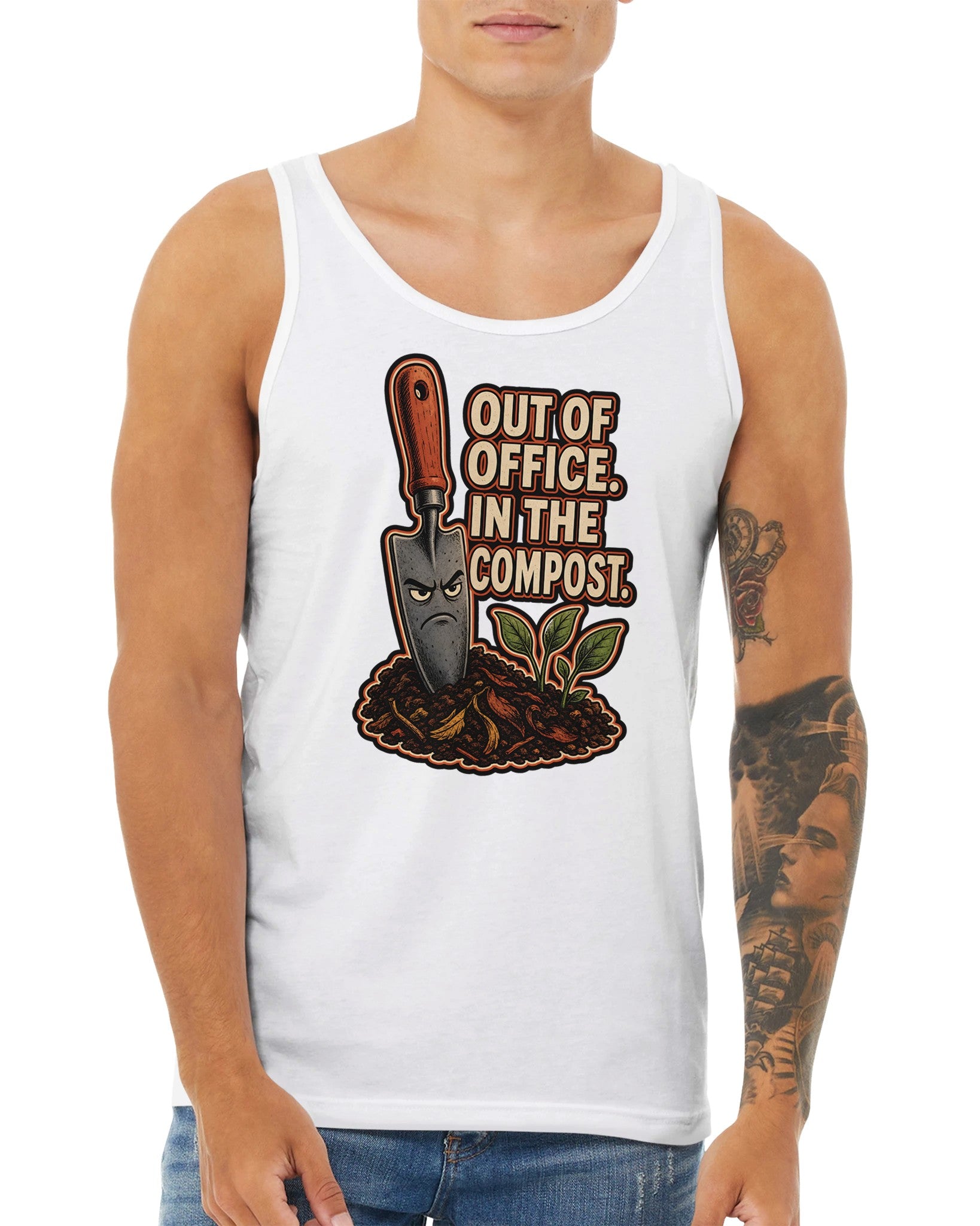 Out of Office, In the Compost Premium Unisex Tank Top — product view 15