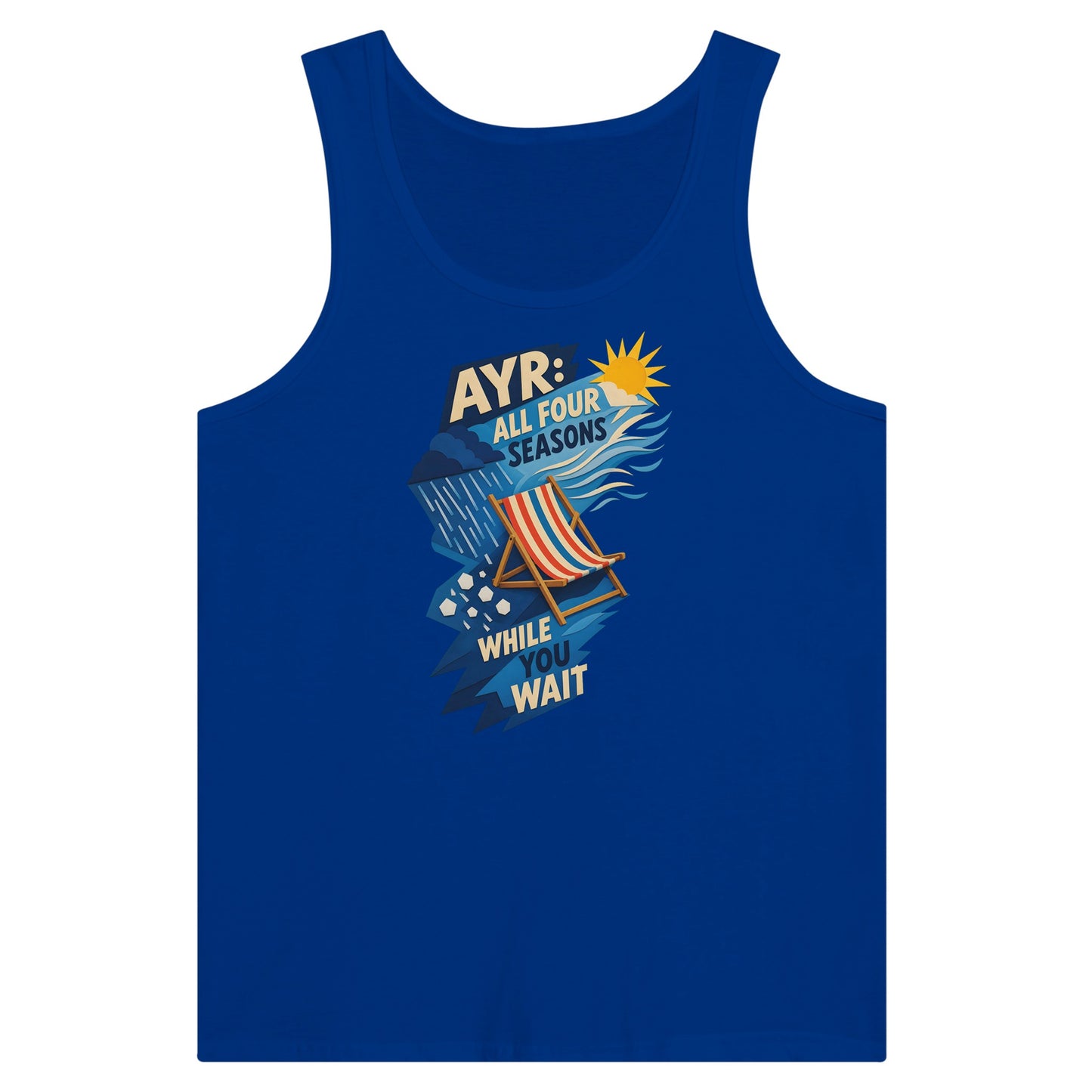 Ayr: All Four Seasons While You Wait Premium Unisex Tank Top — product view 3