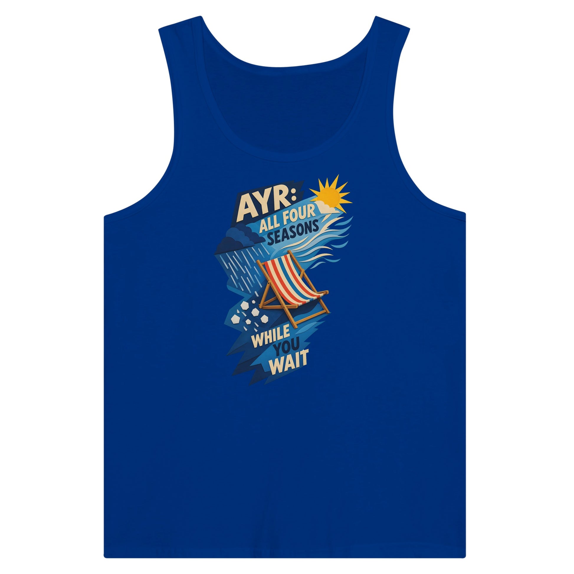 Ayr: All Four Seasons While You Wait Premium Unisex Tank Top — product view 3