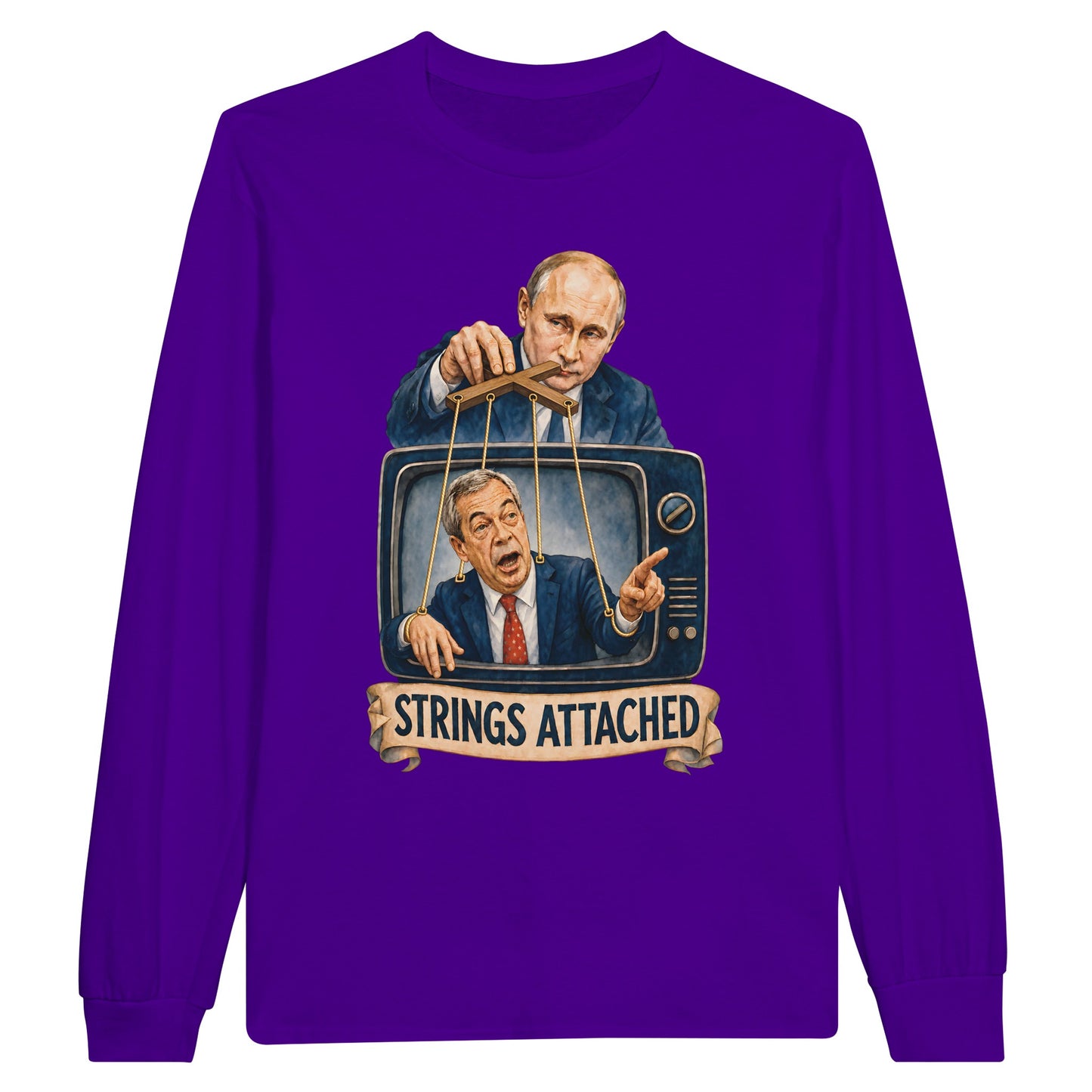 Strings Attached Political Satire Long-Sleeve T-shirt — product view 13